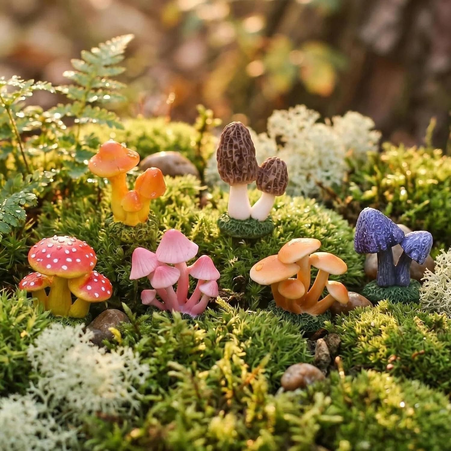 PIXUYE Mini Mushroom Set of 6, Resin Tiny Mushroom Figurines Micro Landscape Plant Pots Bonsai Craft Decor Miniature Garden Figurines
