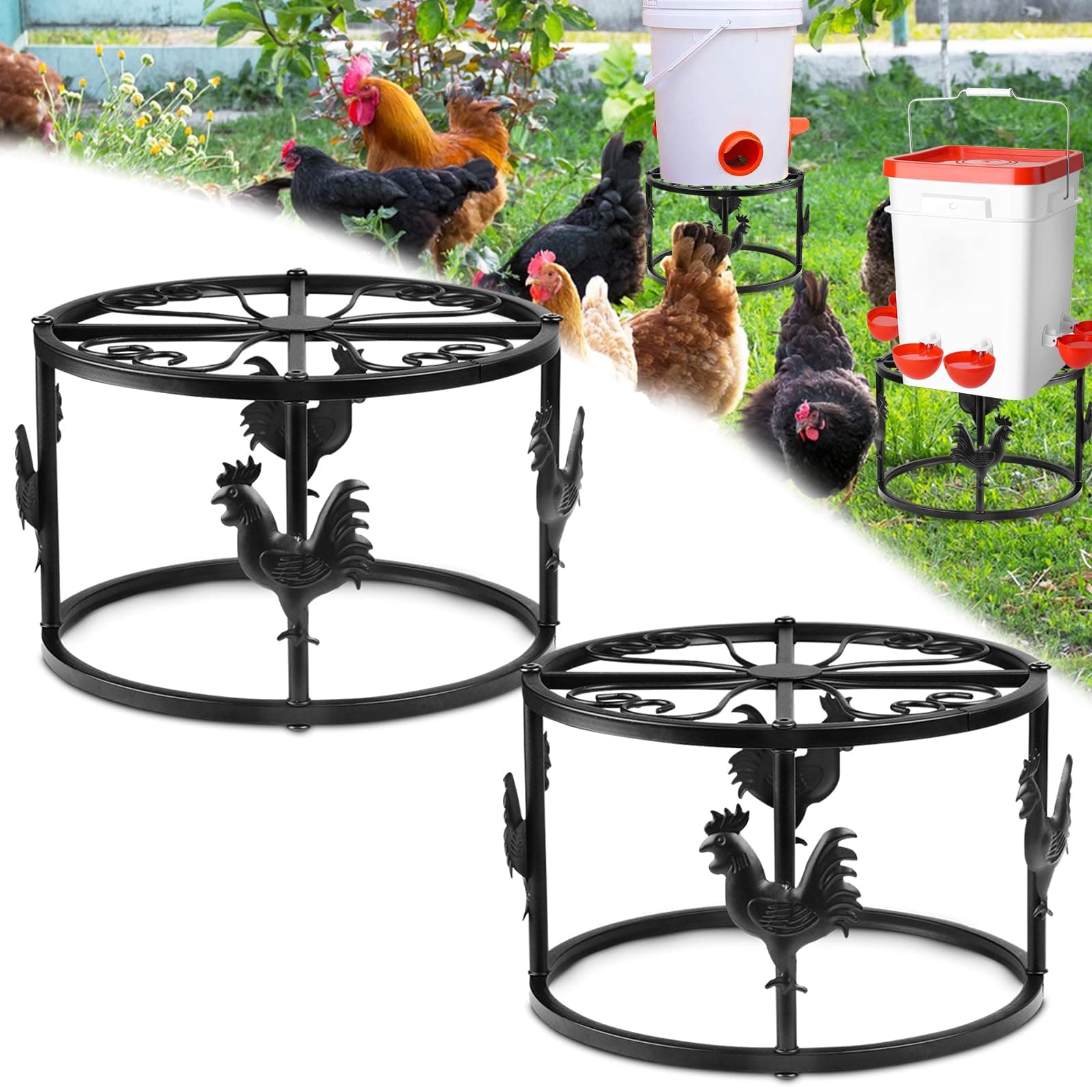 MeyRolizn Metal Stand for Chicken Feeder Waterer, Heavy Duty Poultry Water Feeder Stand Holder with Basin, Rustproof Iron Chicks Feeding Buckets Support Shelves for Indoor Outdoor (Black 2pc)
