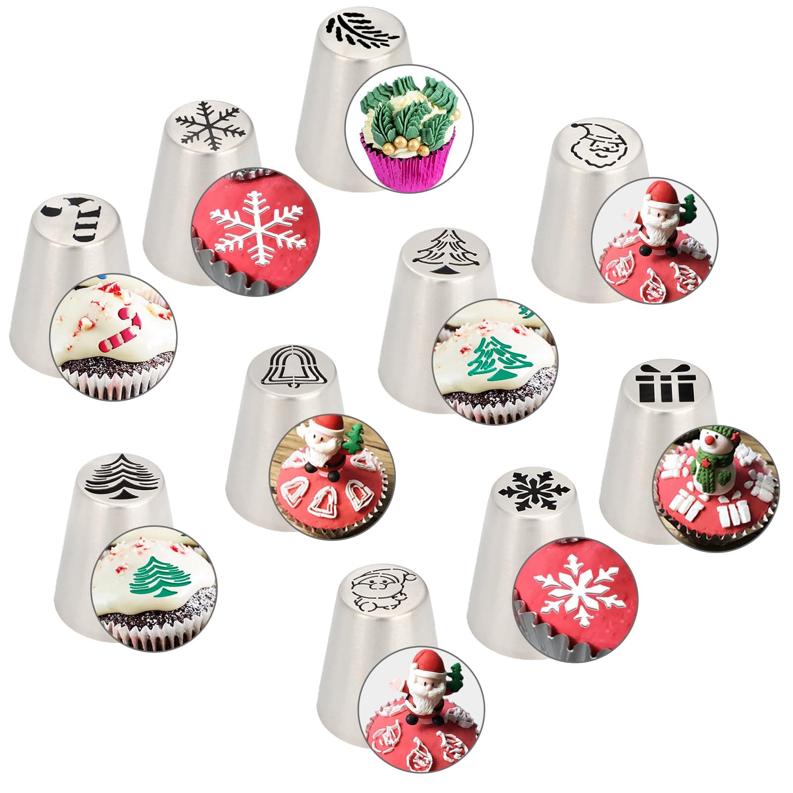 Baipesiy 10PCS Christmas Russian Icing Tips Set, Stainless Steel Piping Nozzles for Cake, Cupcake Cookie Decorating – Includes 10 Creative Festive Frosting Tips with Christmas Designs