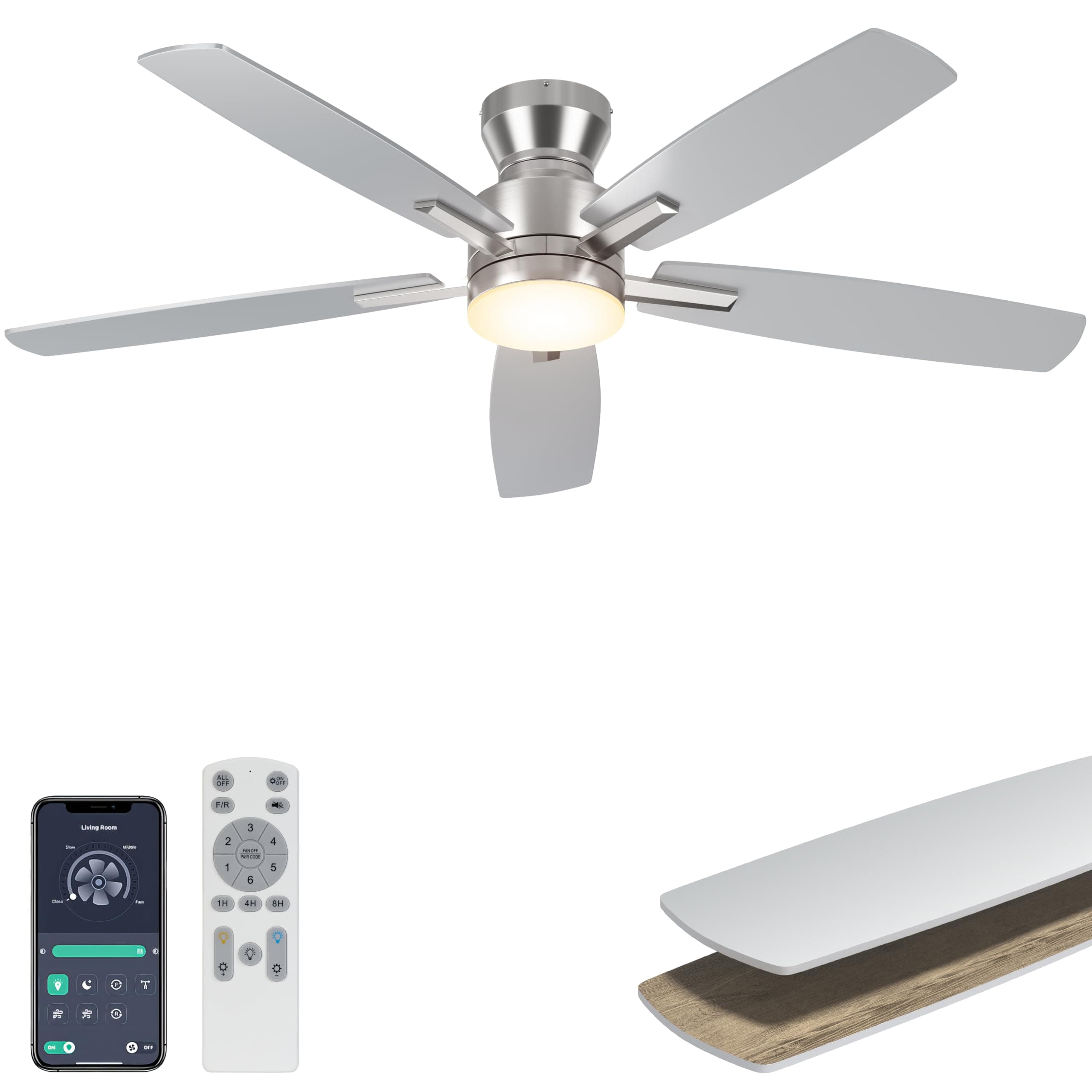 Ohniyou 52'' Ceiling Fan with Lights: Smart Fan with remote & APP Control - Low Profile Ceiling Fan with Quiet Performance - Flush Mount Outdoor Ceiling Fan (Silver)