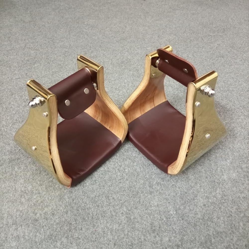 Craft Colt Wooden Wide Western Golden Steel Covered Stirrups, Wooden Bell Saddle Stirrups (Size: 3.0")