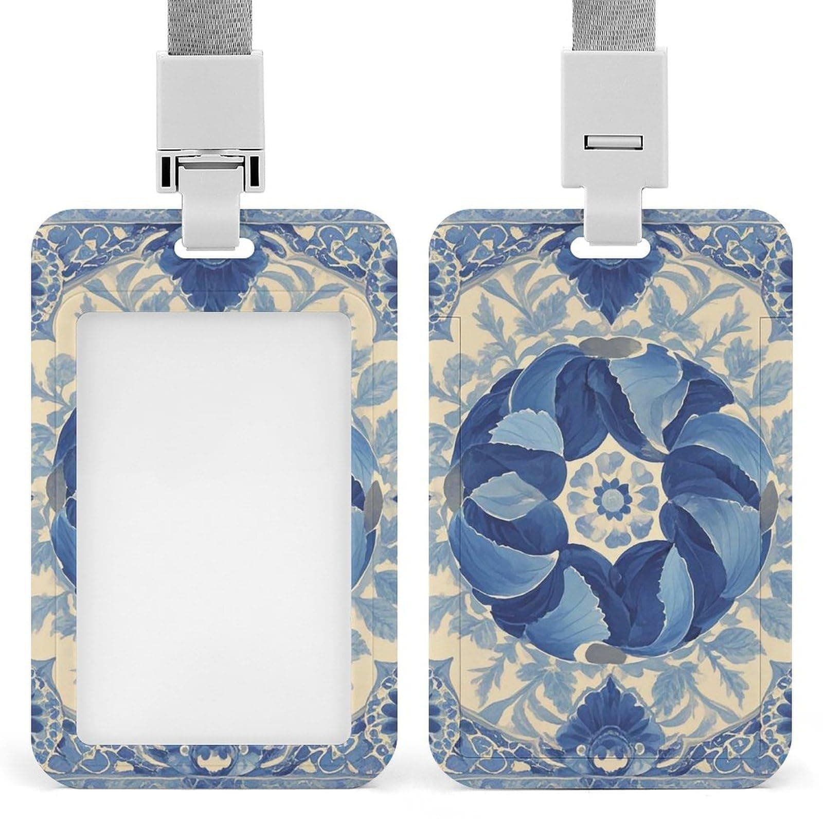 ID Badge Holder Vertical Plastic Card Case Protector Bohemian Blue Badge Holder with Lanyard ID Card Holder Waterproof Name Tag Holder Badge Reel Work Badge Sleeve for Office Staff Employees