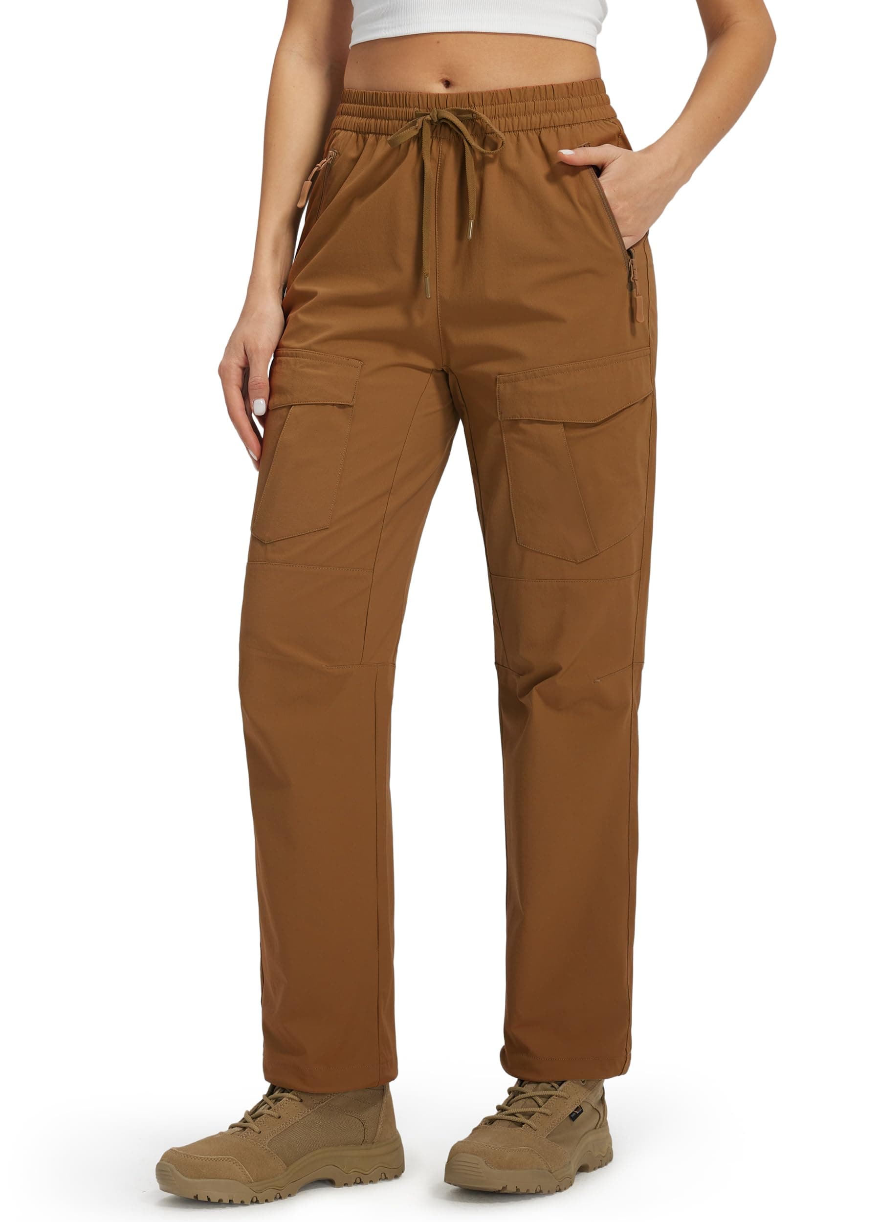 Women's Hiking Pants with Zipper Pockets Quick Dry Water Resistant Elastic Waist Cargo Joggers Lightweight Casual Travel Outdoor Safari Outfits Regular Brown 3XL