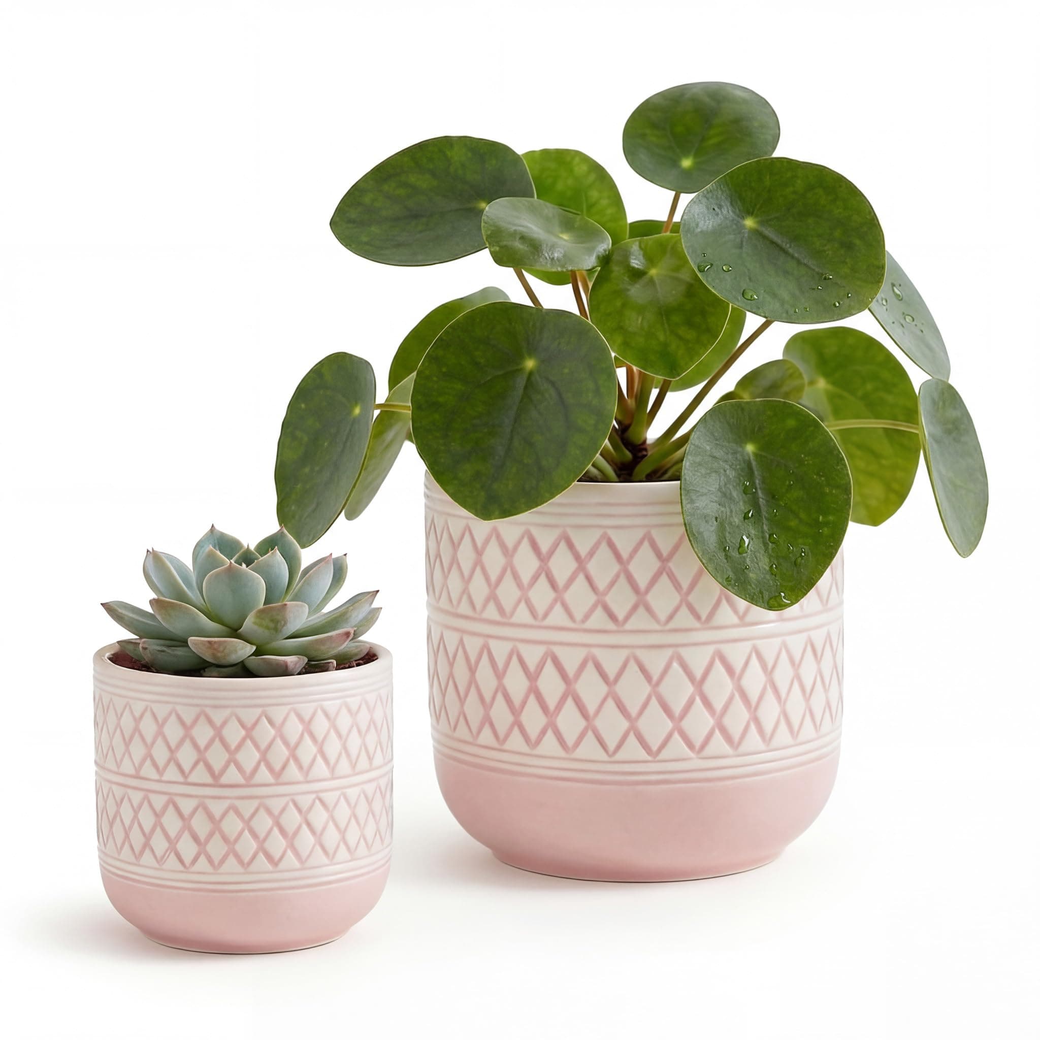HERDUK 6 + 4.7 inch Flower Plant Pots Indoor Plants, Ceramic Planter with Drainage Hole, Pink Plant Pot for Succulent Orchid Snake Plants Cactus