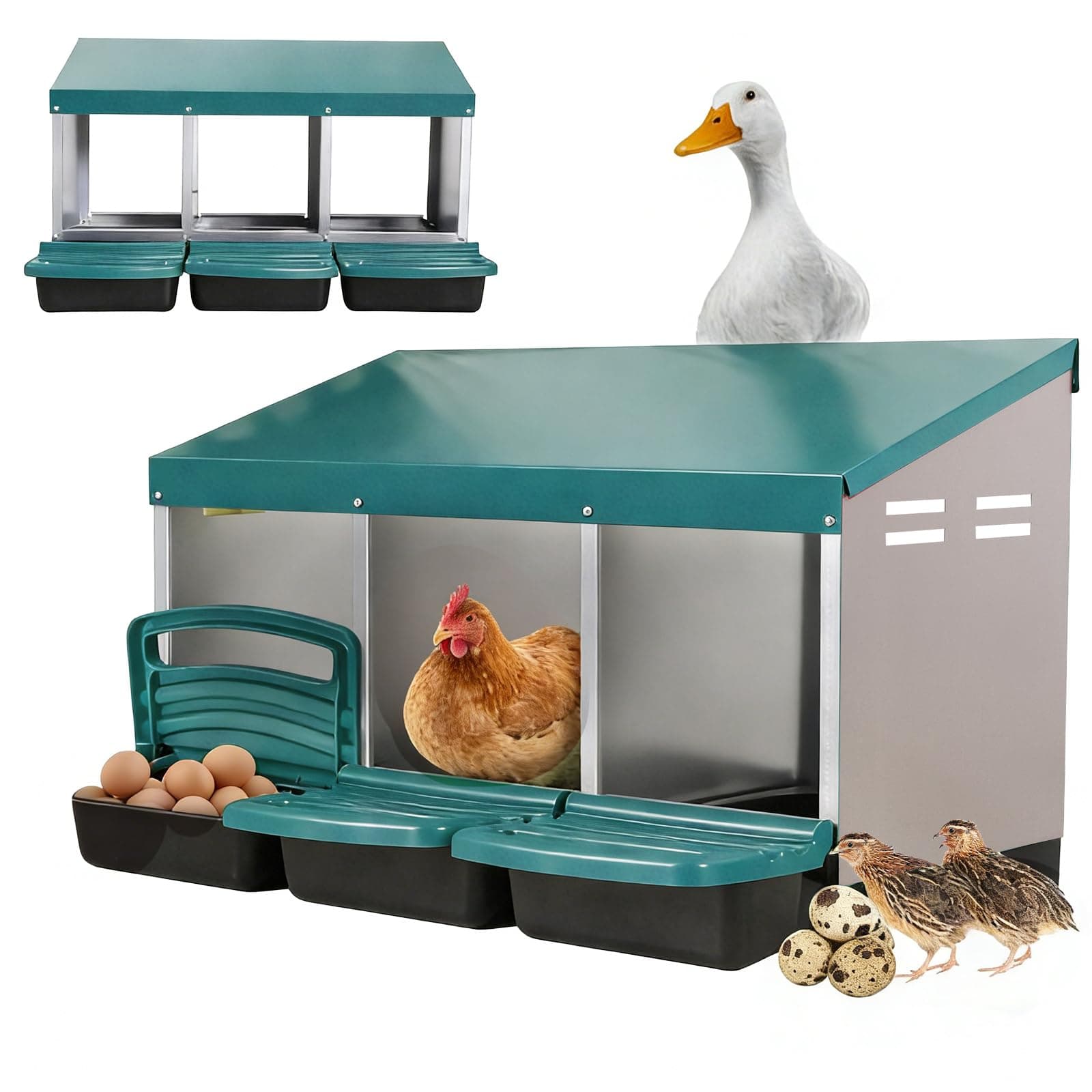 MEDEHOO Chicken Nesting Boxes, 3 Compartments Egg Collection with Removable Drawer, Chicken Metal Laying Nest Box for Hens, Easy to Assemble, for Chicken Coop, Green