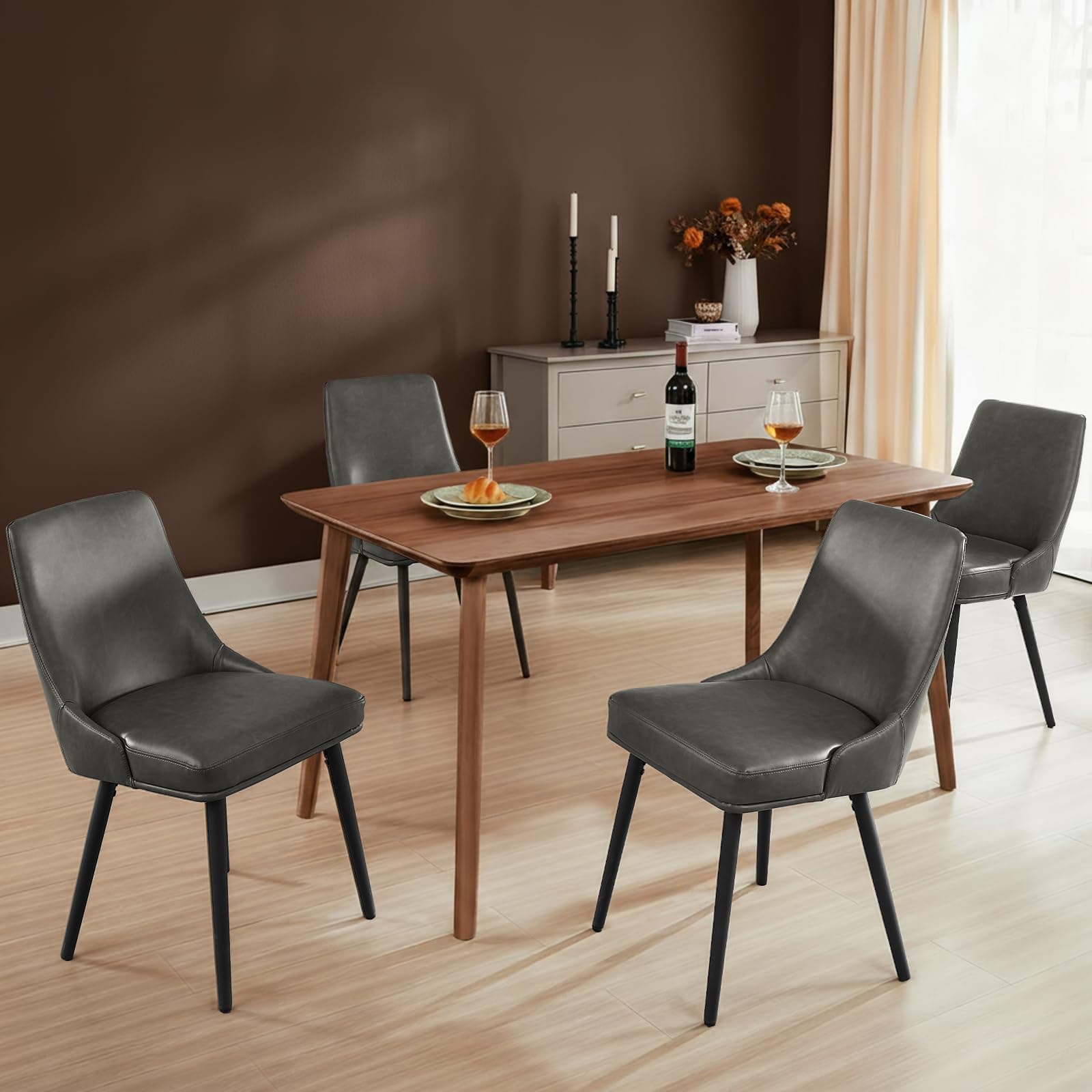 kinmars Kitchen & Dining Leather Dining Chairs Set of 4, Grey