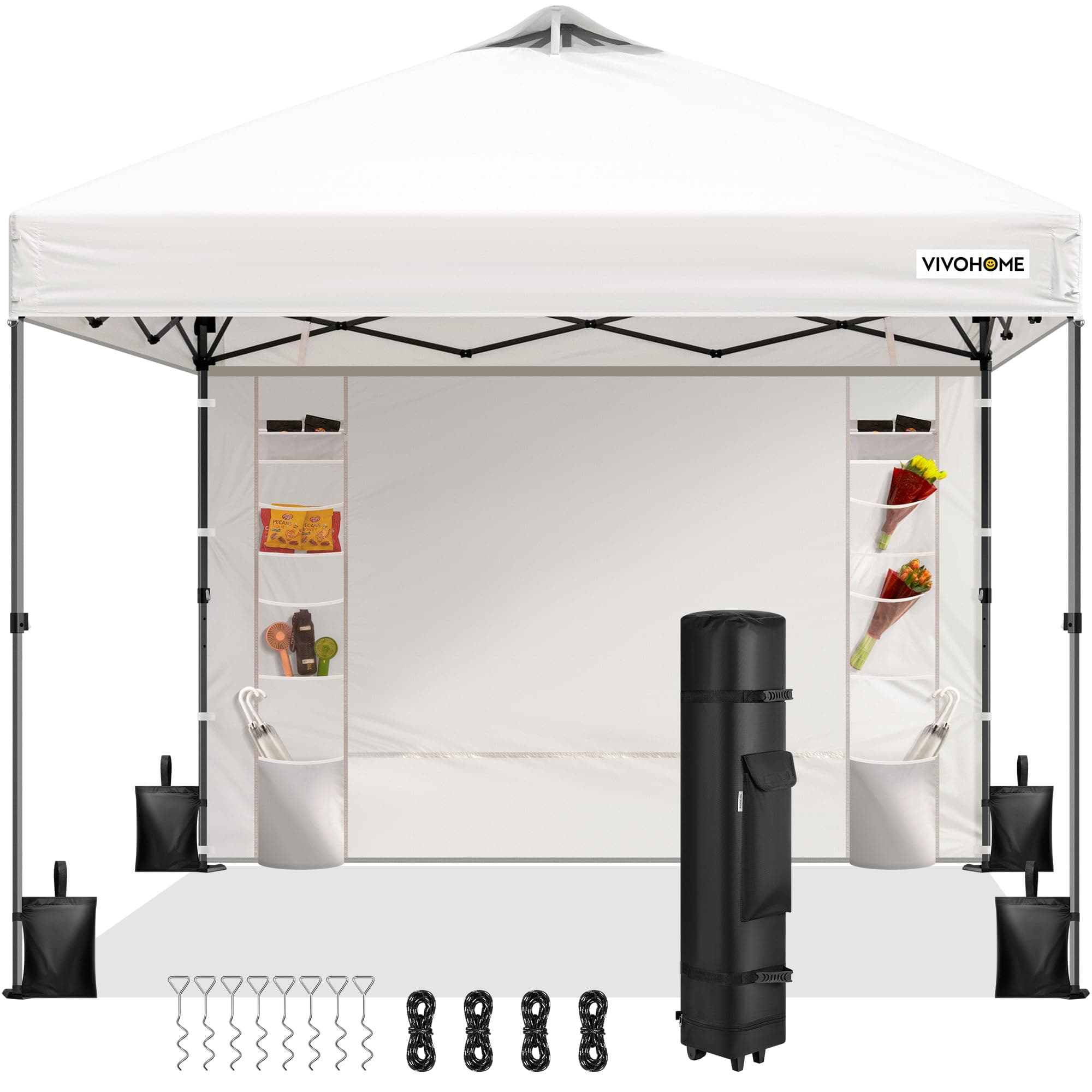 VIVOHOME 10x10ft Pop Up Canopy Tent with Sidewall and 6 Pockets, One Push Setup Outdoor Portable Shelter Tent Heavy Duty with Wheel Carry Bag and 4 Sandbags, White