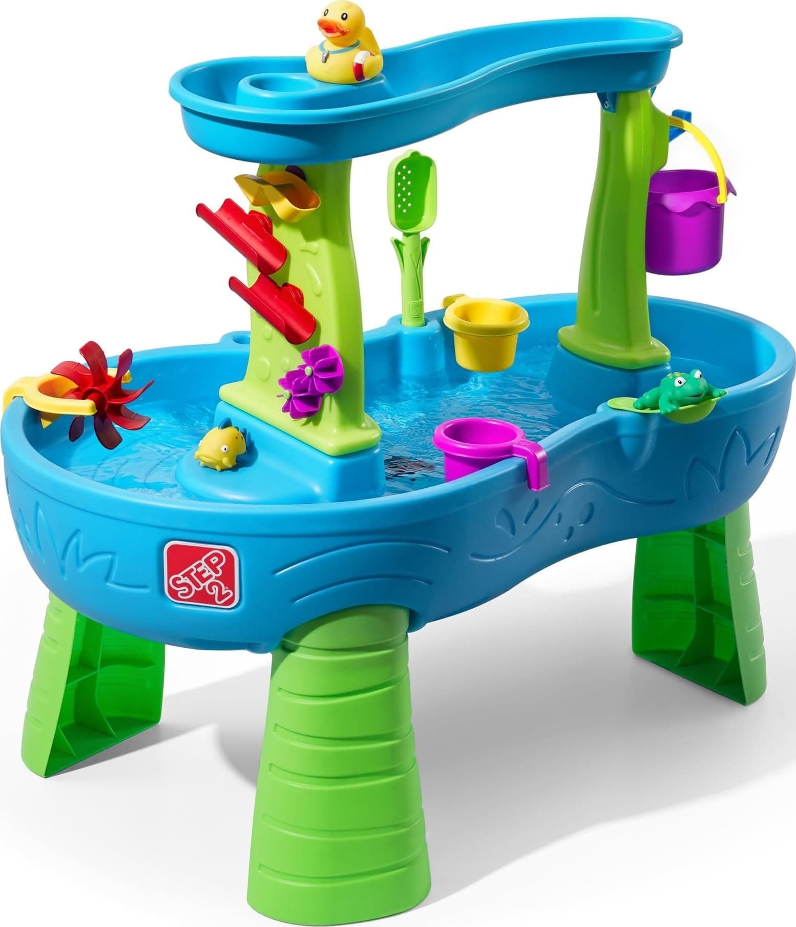 Step2 Rain Showers Splash Pond Toddler Water Table, Outdoor Kids Water Sensory Table, Ages 1.5+ Years Old, 13 Piece Water Toy Accessories, Kids Activity Table, Blue & Green