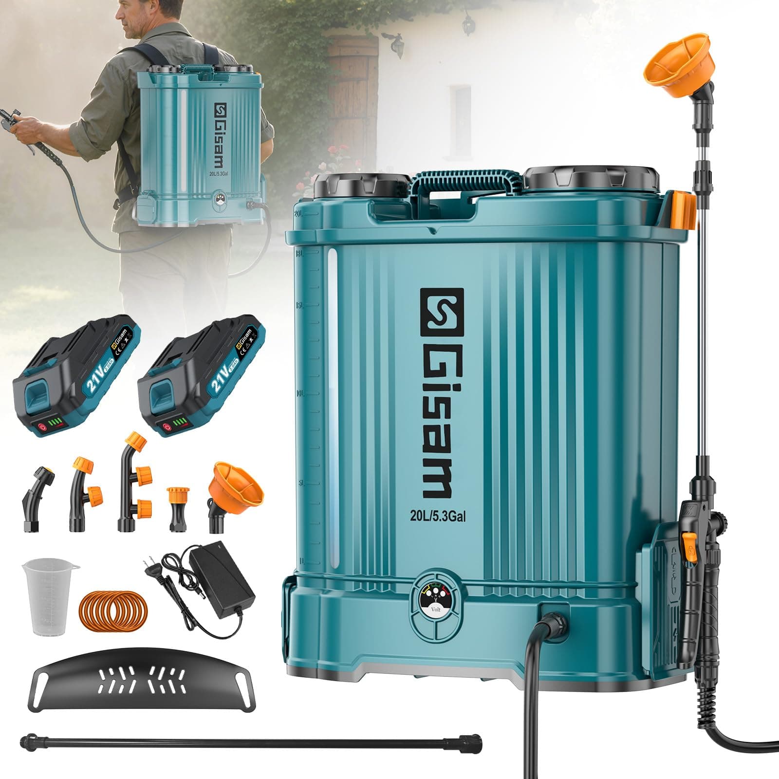 Battery Powered Backpack Sprayer 5.3 Gallon, 120PSI Adjustable Pressure Electric Sprayer, Dual Batteries, Telescopic Wand & Corrosion-Resistant Wand, Leak-Proof Pump Sprayers for Lawn Yard Garden