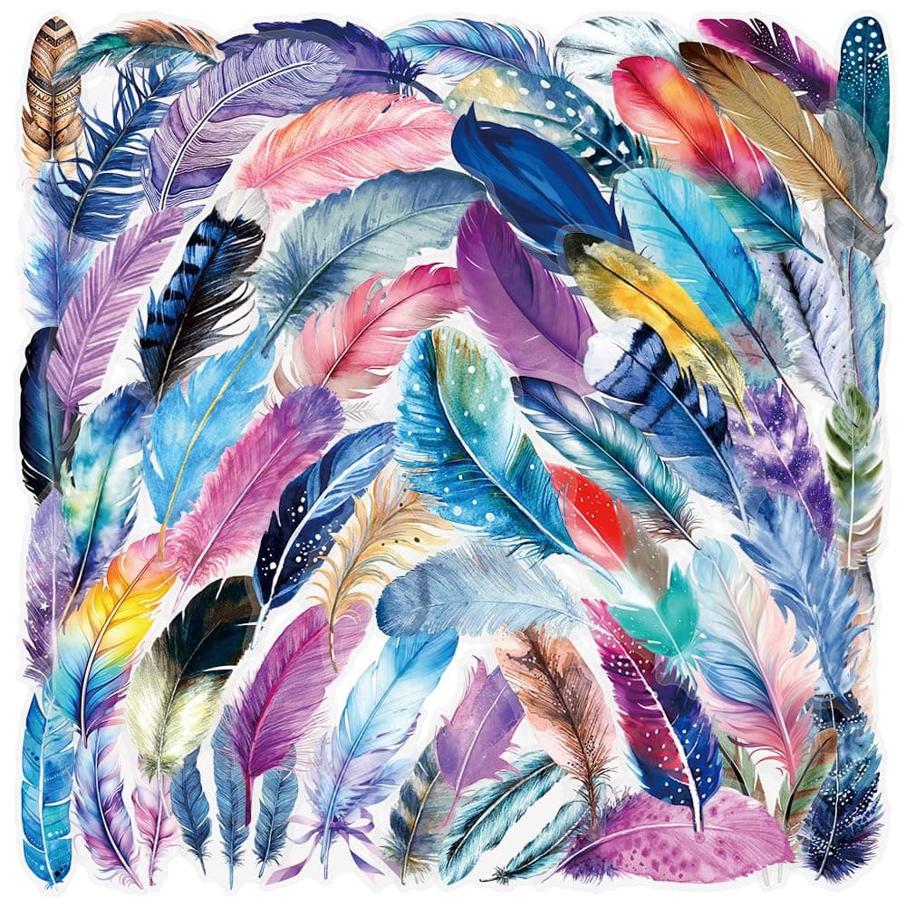 Transparent Aesthetic Feather Stickers 50 PCS, Waterproof Vinyl Decals for Tumblr, Water Bottles, Laptops, Journals, Scrapbooking, Cute Decorative Stickers for Teens, Girls & Adults