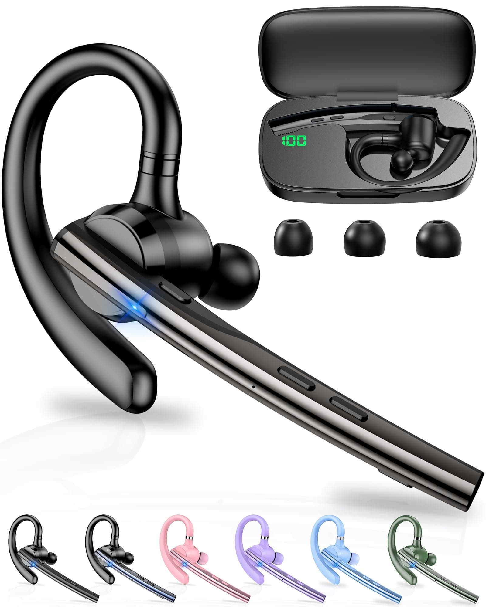 New bee Bluetooth Headset V5.1 Bluetooth Earpiece Dual Mic with 500mAh Charging Case 72H Talk Time Hand-Free Wireless Headsets with Mute Button for Cell Phone Calls Driving Computer Work (Gunmetal)