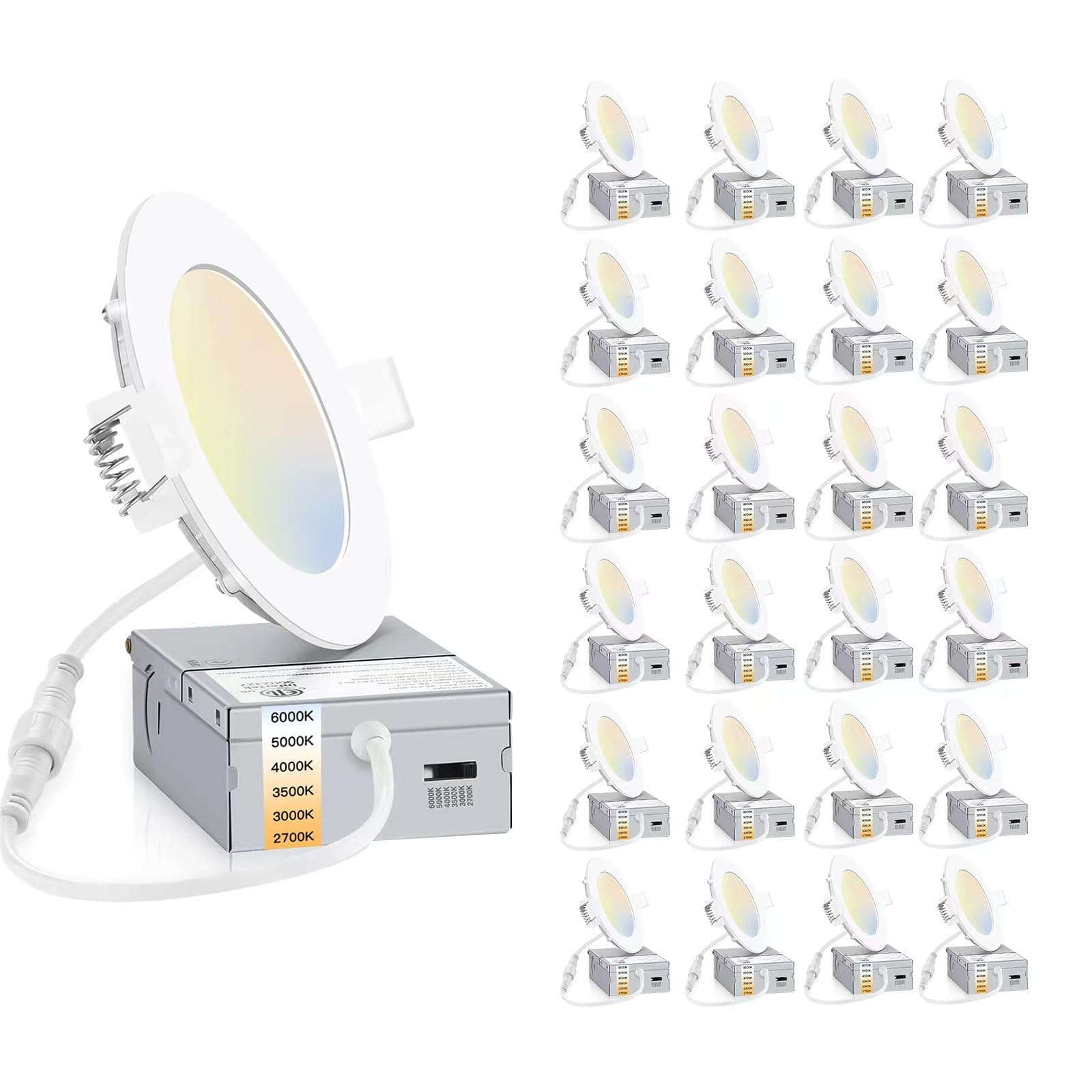 INCARLED 4Inch 24Pack 6CCT LED Recessed Slim Pot Lights with Junction Box,