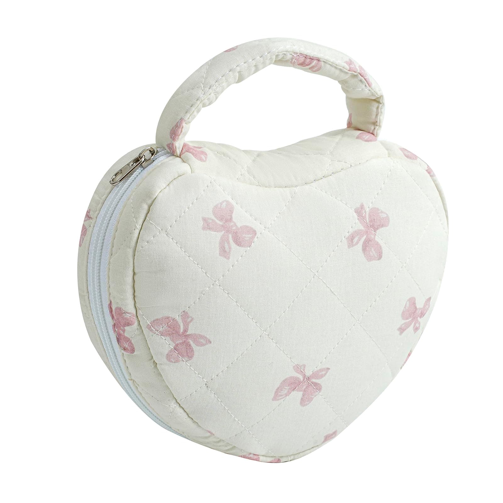 JOVAKIT Quilted Heart Shaped Makeup Bag Cosmetic Bag for Women with Handle, Floral Coquette Cotton Travel Makeup Case Toiletry Zipper Make Up Pouch, Travel Storage Organizer Stuff, Pink Bow Tie