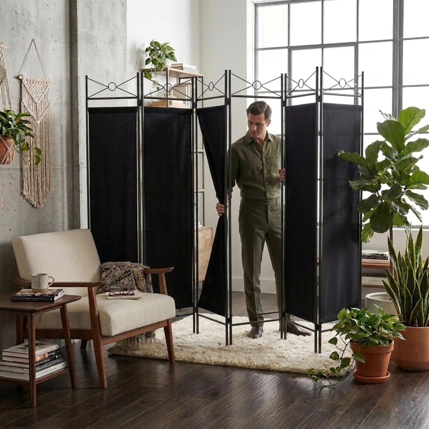 Legacy Decor 4, 6 & 8 Panels Room Divider Privacy Screen Panel Metal Black White Brown (Black, 6 Panels)