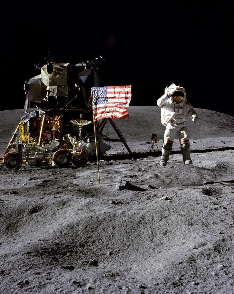 Home Comforts Apollo 16 Moon Landing Jumping John NASA - Vintage Art Reproduction, Wall Décor (20x30 inches) - Laminated Poster with Bright Colors and Vivid Details.