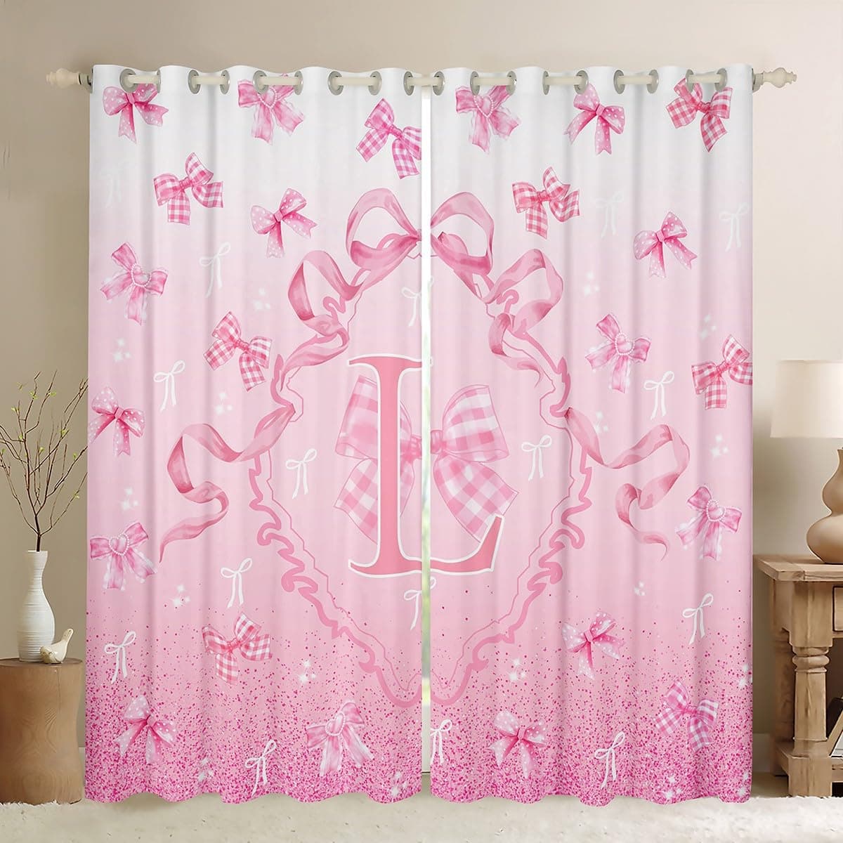 jejeloiu Cute Pink Bow Blackout Curtains 30%-50% Kids Darkening Drapes for Bedroom Living Room Decor Initial Letter L Thermal Insulated Shades Bowknot Window Treatments, 2 Panels 42 x 84 Inch Bow-tie