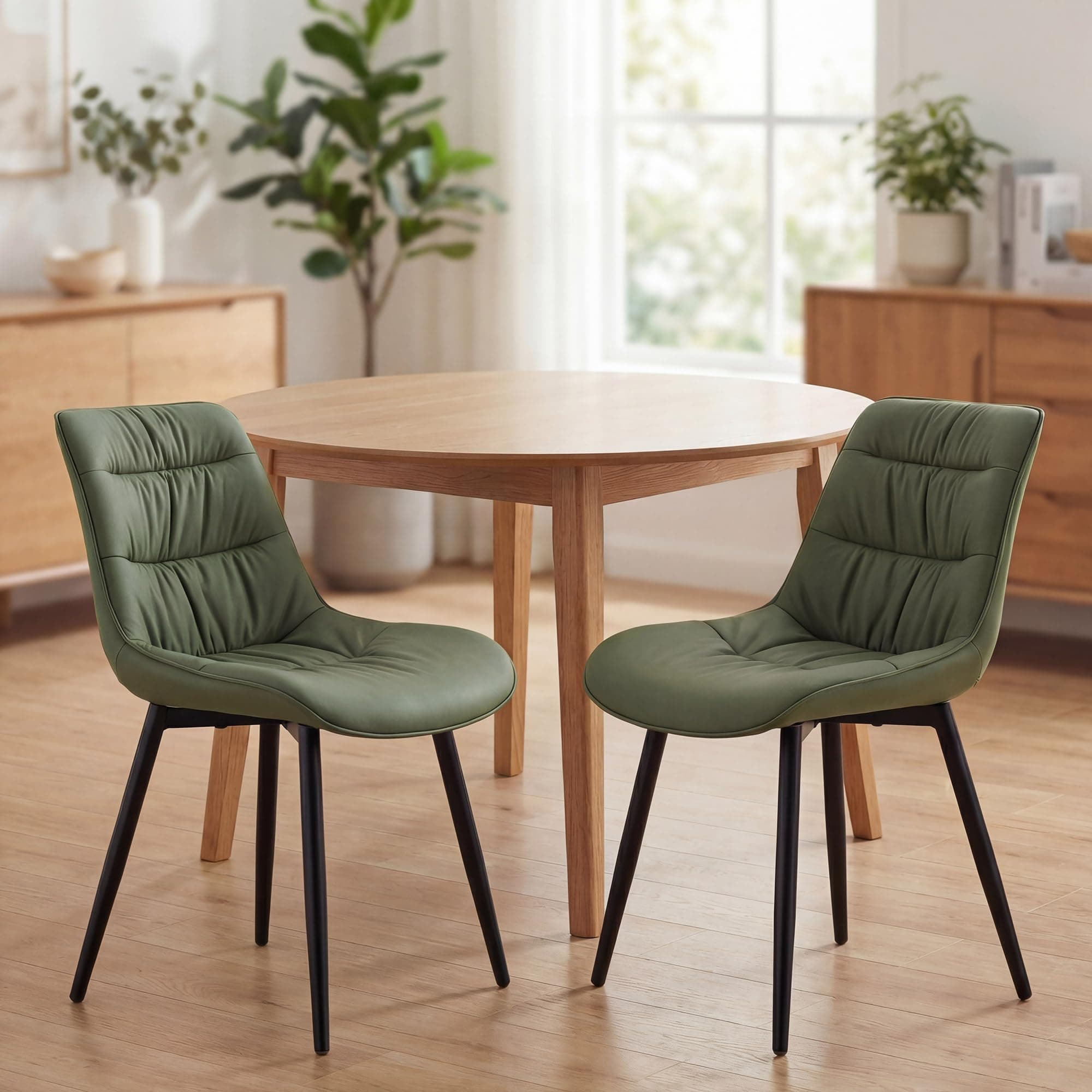 Kidol & Shellder Dining Chairs Set of 2 Mid Century Modern Dining Room Chairs, Upholstered Kitchen Chairs with Ergonomic Backrest, Faux Leather Side Chair for Living Waiting Room Bedroom, Olive Green