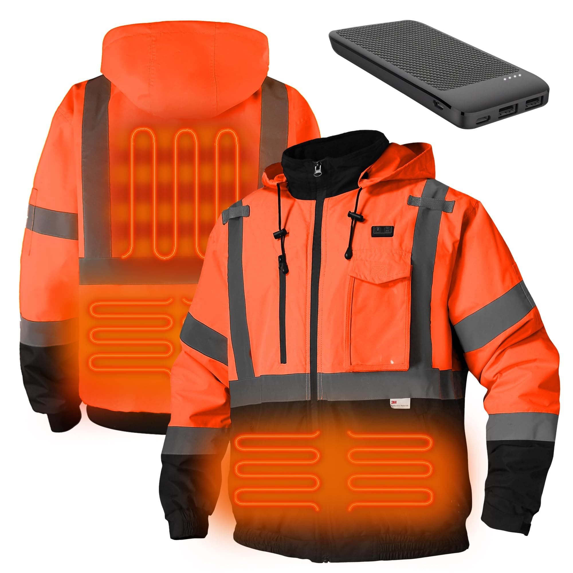 DPSAFETY Safety Heated Jacket, Reflective Heated Jacket,Waterproof CLASS 3 Hi-Vis jacket with Detachable hood, High Visibility Work Construction Coat for men&women (Orange XL)