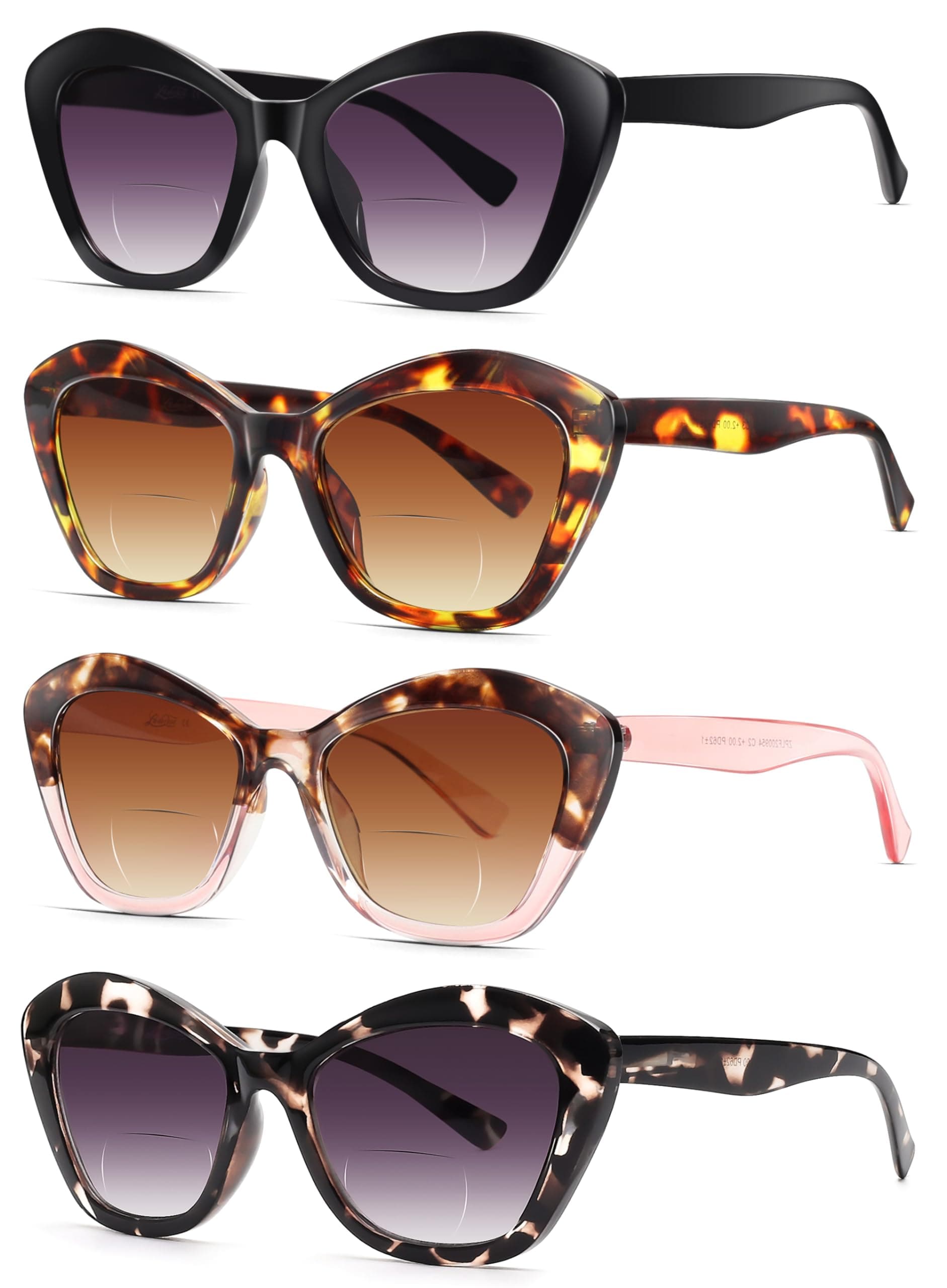 LADEESSE 4 Pack Bifocal Reading Sunglasses for Women Fashion Cateye Sun Readers Outdoor Reading Glasses UV400 +1.75Protection