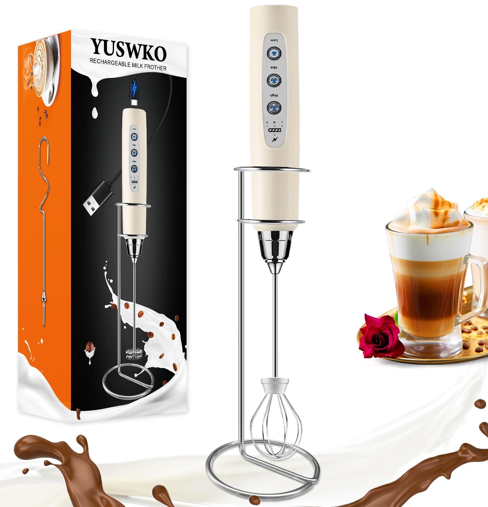 YUSWKO - Beige Handheld Milk Frother Wand with Coffee Stand, Rechargeable Electric Whisk with 3 Heads 3 Speeds Coffee Mixer Frother for Latte, Cappuccino