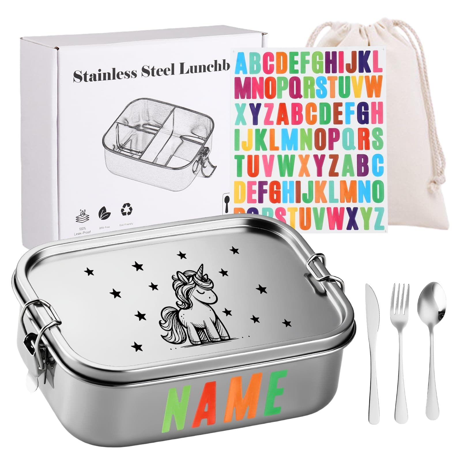 Stainless Steel Lunch Box,Bento Box with Fork and Spoon Featuring 3 compartments Metal Lunchbox Engraved Pattern with Lockable Clips to Leak Proof (Unicorn, 1200ML)