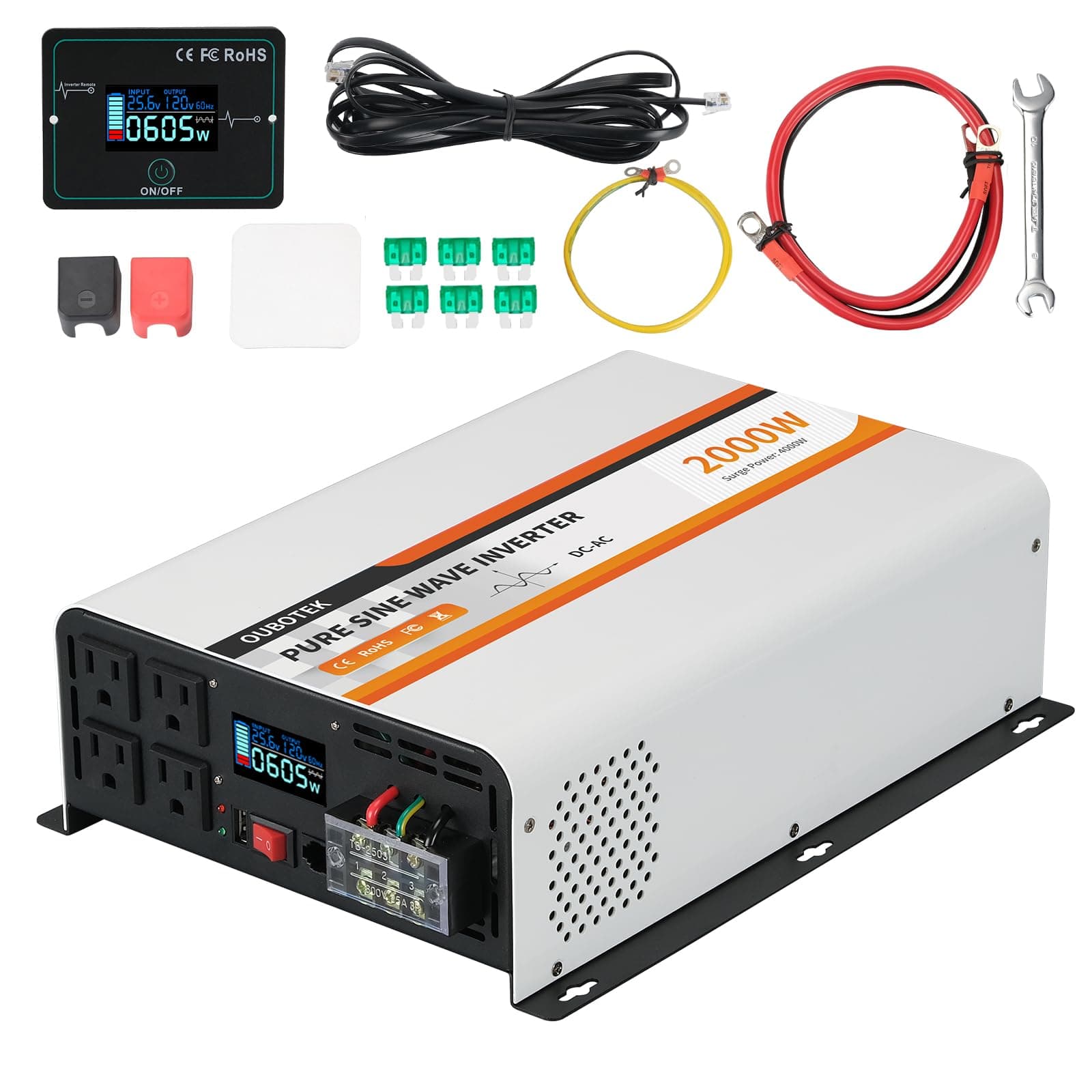OUBOTEK 2000W Pure Sine Wave Inverter 24V DC to 120V AC Converter