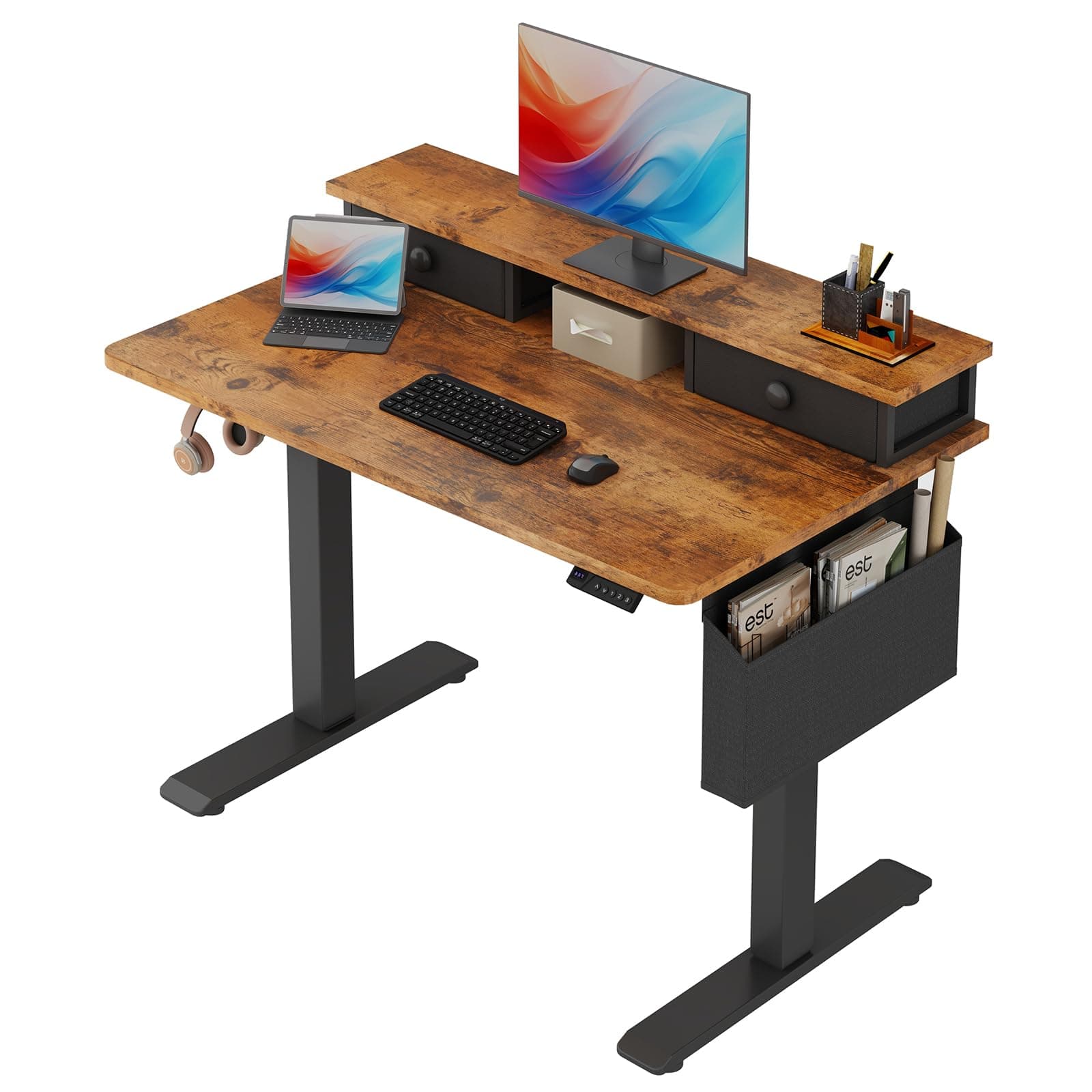 KLUVIS Electric Standing Desk Adjustable Height - 40 Inches Sit Stand Desk with Storage Drawers, Small Study Writing Desks, Kids Girls Computer Desks for Bedroom Home Office, Rustic Brown