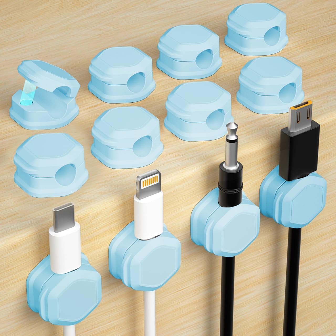 12 Pack Magnetic Cable Clips - Cord Holder - Cord Organizer for Desk, Cord Holder for Nightstand, for Desk, Nightstand, Phone Charger, Computer, Home, Office, Car (Light Blue)