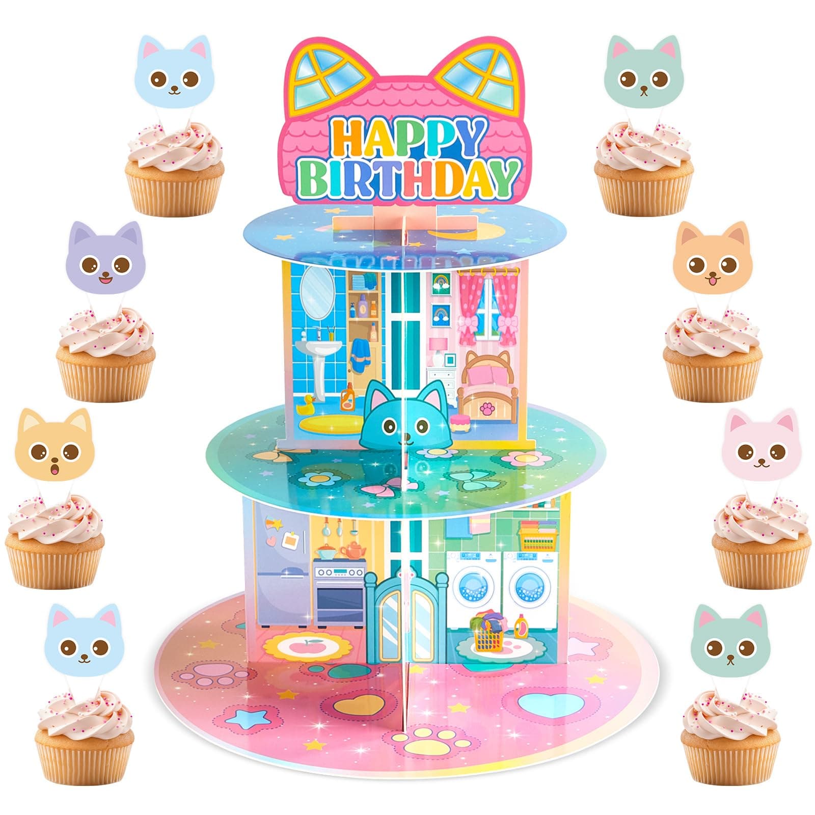 19Pcs Cartoon Cat Cupcake Stand Cat Party Decor Cute Cats Cake Toppers Doll Theme Dessert Stand for Girls Cartoon House Birthday Party Decoration Favor Supplies