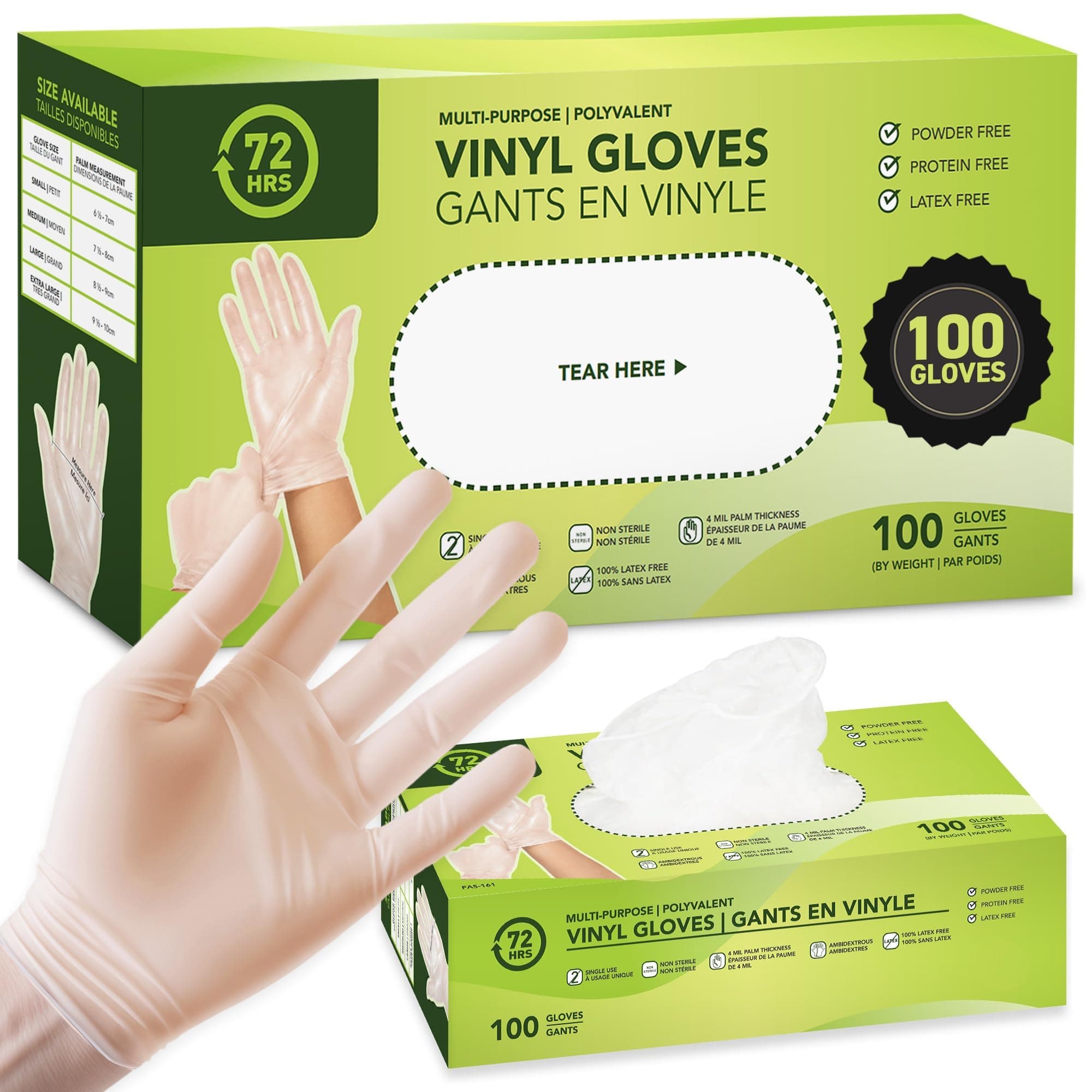 72HRS Vinyl Gloves - 4 Mil Clear Disposable Gloves (100 Pieces, Small)