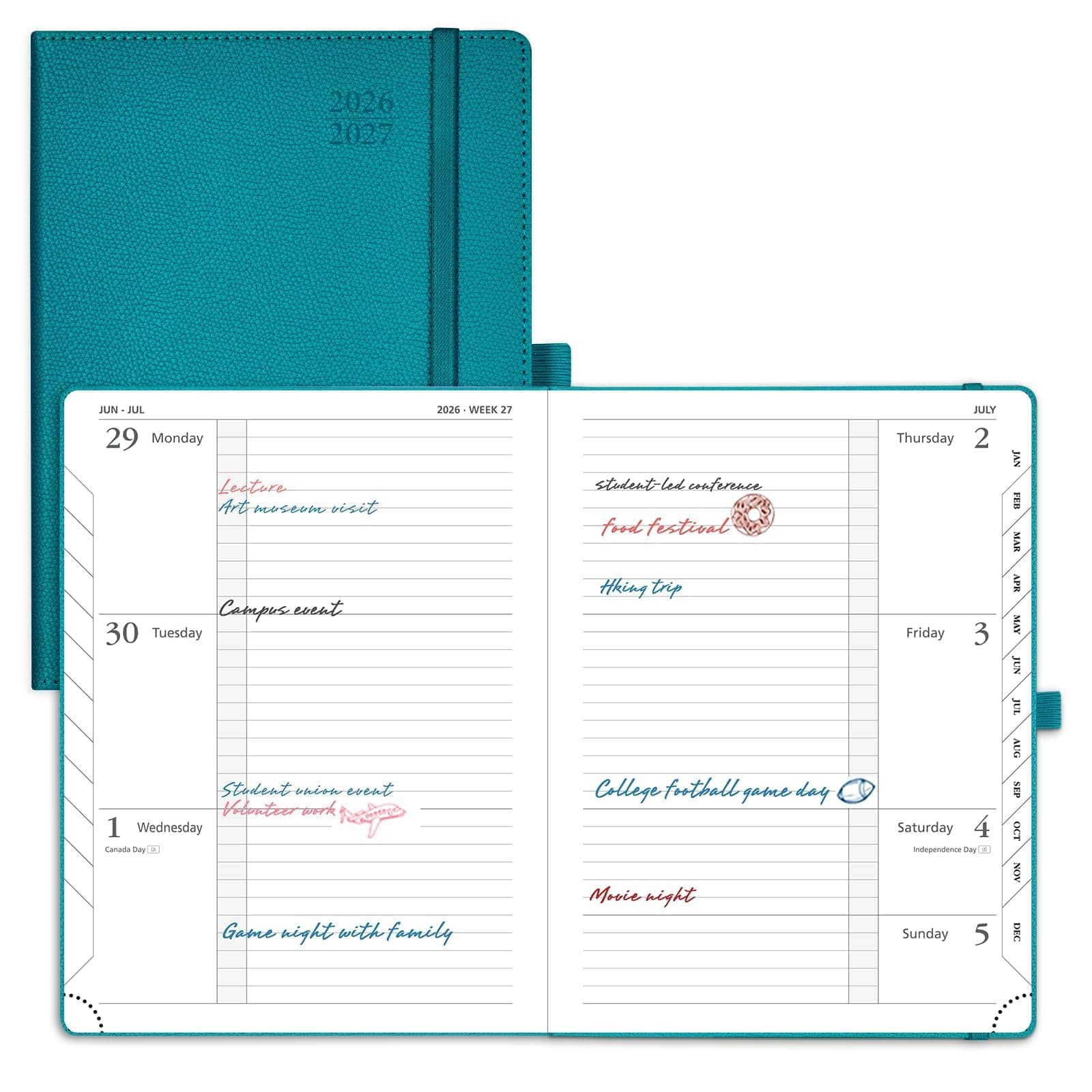 POPRUN Planner 2026-2027 (Medium 6.75"x 8.75"), Horizontal Weekly Notebook Jul.2026 - Jun.2027, Academic Appointment Book with Monthly Tabs, Leather Hardcover, 100 GSM - Pacific Green