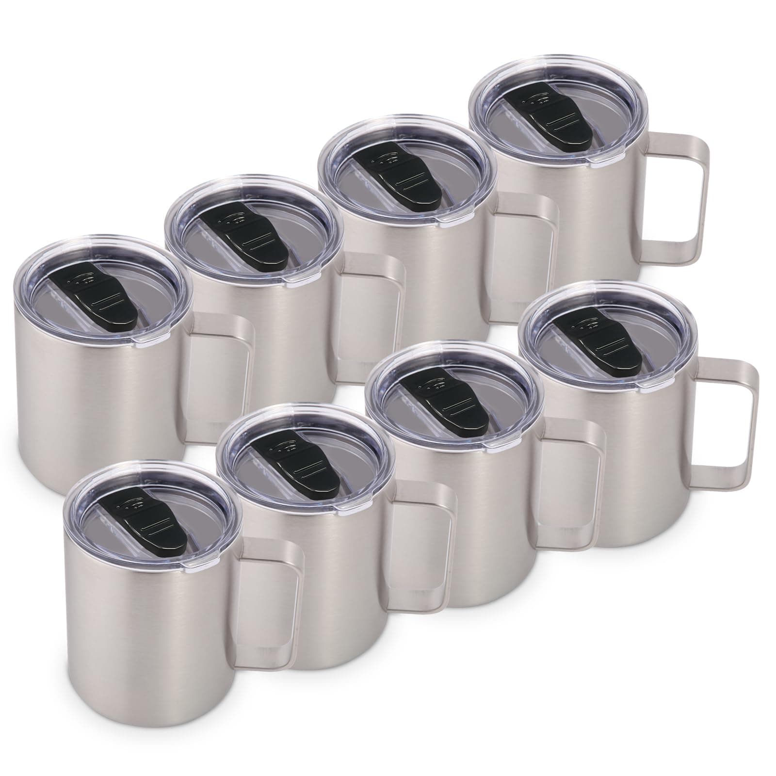 Volhoply 14oz Insulated Stainless Steel Coffee Mug with Lid Bulk 8 Pack,Double Wall Vacuum Travel Coffee Cup with Handle,Reusable Metal Cups Tumbler,Camping Mugs Keep Hot/Cold(Silver,8)