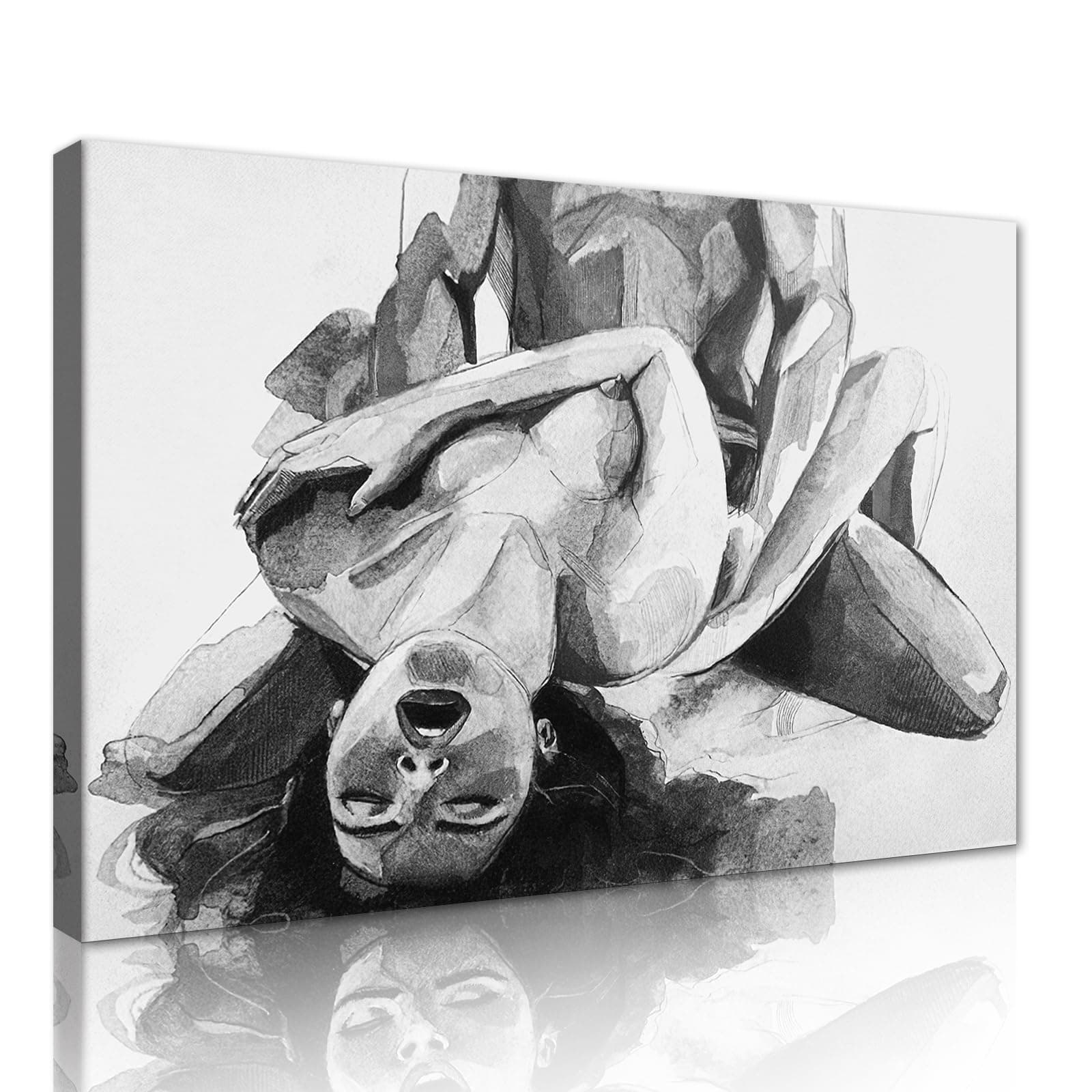 Black & White Erotic Couple Wall Art Sexy Woman Man Intimate Naked Poster for Bedroom Canvas Wall Decor Abstract Couple Artwork for Bathroom Apartment Hotel Decoration Ready to Hand, 24x36inch