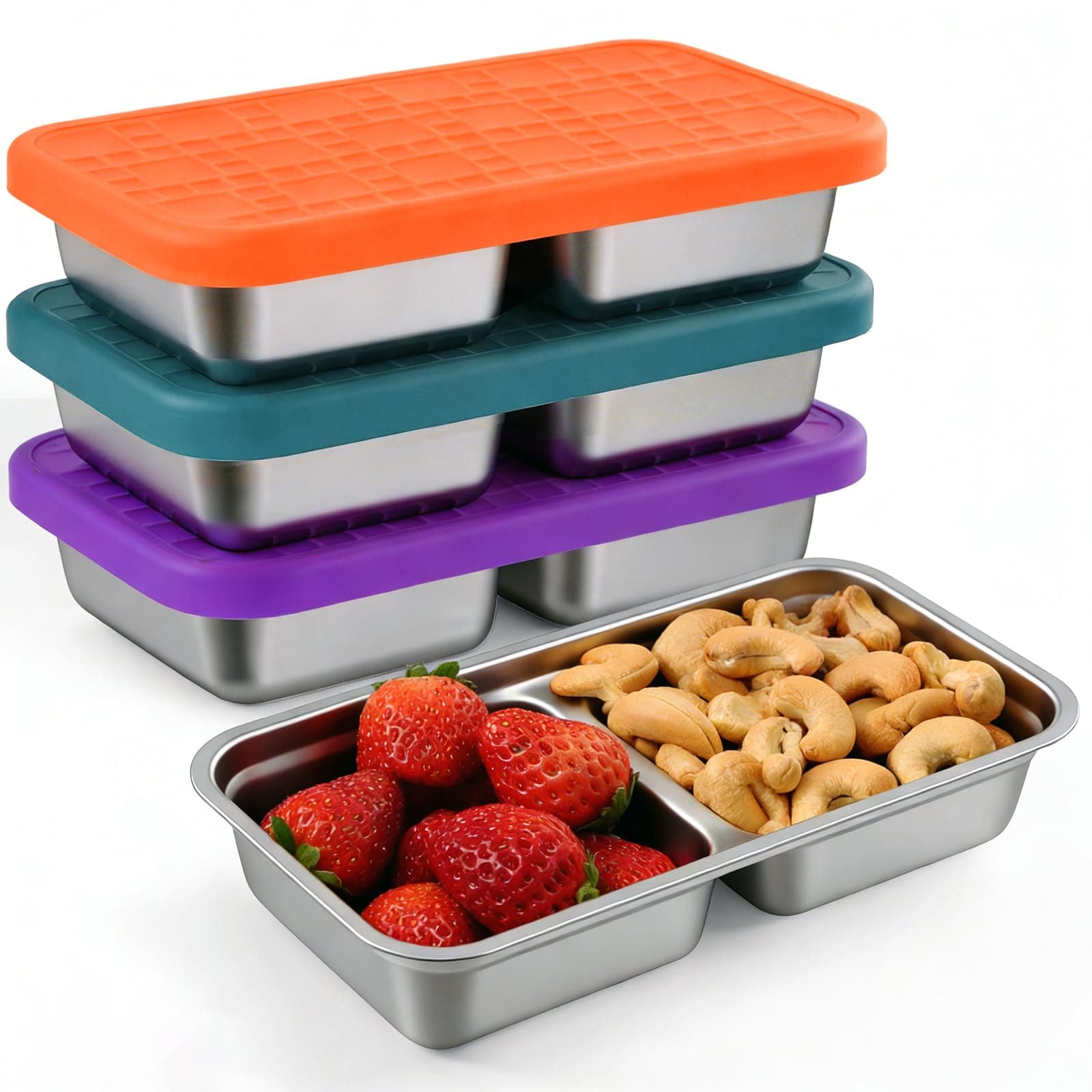 3 Pack Stainless Steel Snack Containers, 2 Compartment Food Storage Box with Leakproof Lids, 8.07x4.33x1.65 Inch, 1.9 Cups Capacity for Travel, Camping, Lunch (Orange,Gray,Green)