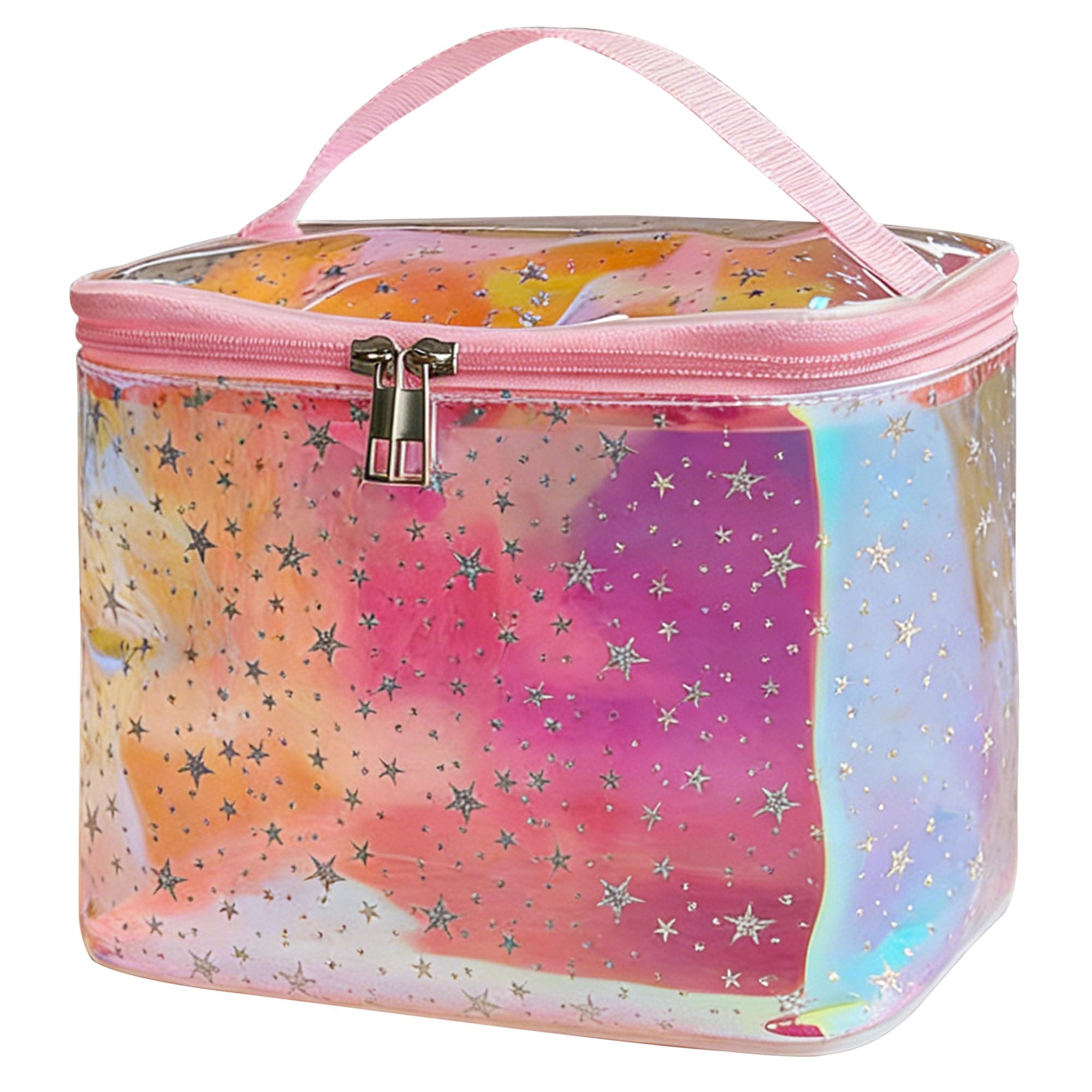 TotePrint Holographic Star Print Pink Makeup Bag - Portable & Waterproof Barrel-Shaped Toiletry Bag, 8.27x6.7x6.3in Cosmetic Case for Women & Men (Red Star)