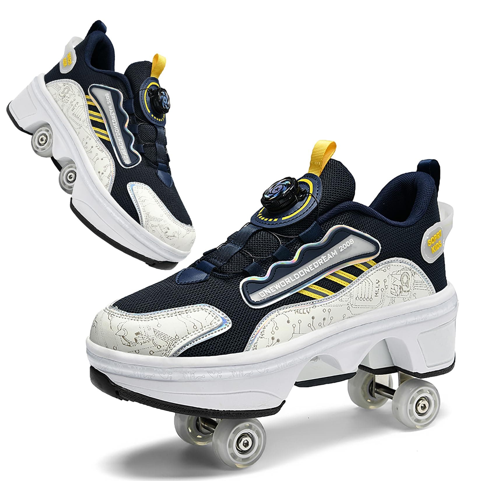 2-in-1 Roller Skate Shoes for Kids, Sneakers with Double-Row Invisible Deformation Wheels, Retractable Skates Shoes Suitable for Outdoor Sports Skating Invisible Roller Skates for Kids& Adults