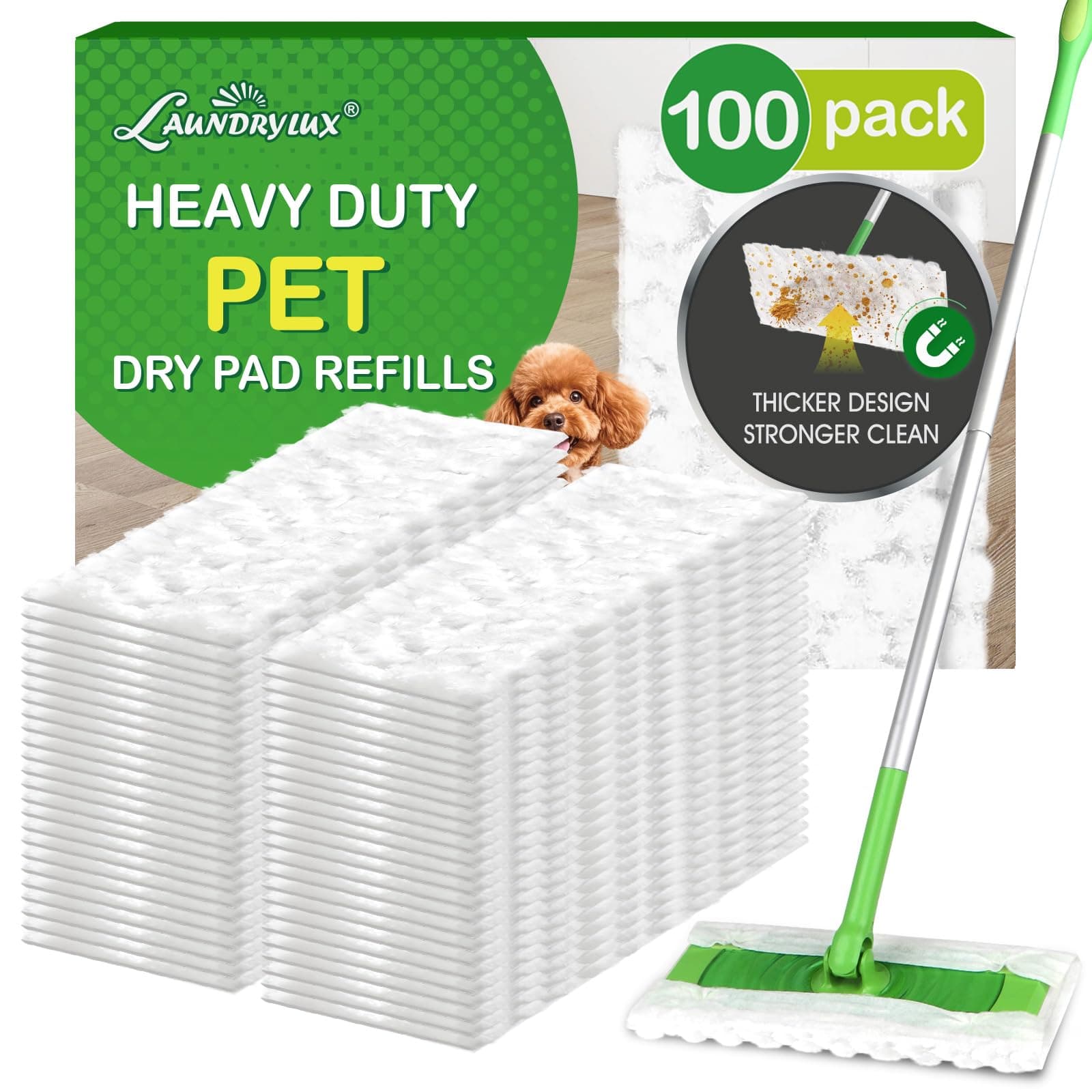LAUNDRYLUX Heavy Duty Dry Sweeping Cloths Refills Compatible with Swiffer Sweeper, Multi Surface Pet Dry Pads Refill, Floor Cleaner for Dust, Hair, Dirt, Disposable Duster Mop Pad - 100 Count