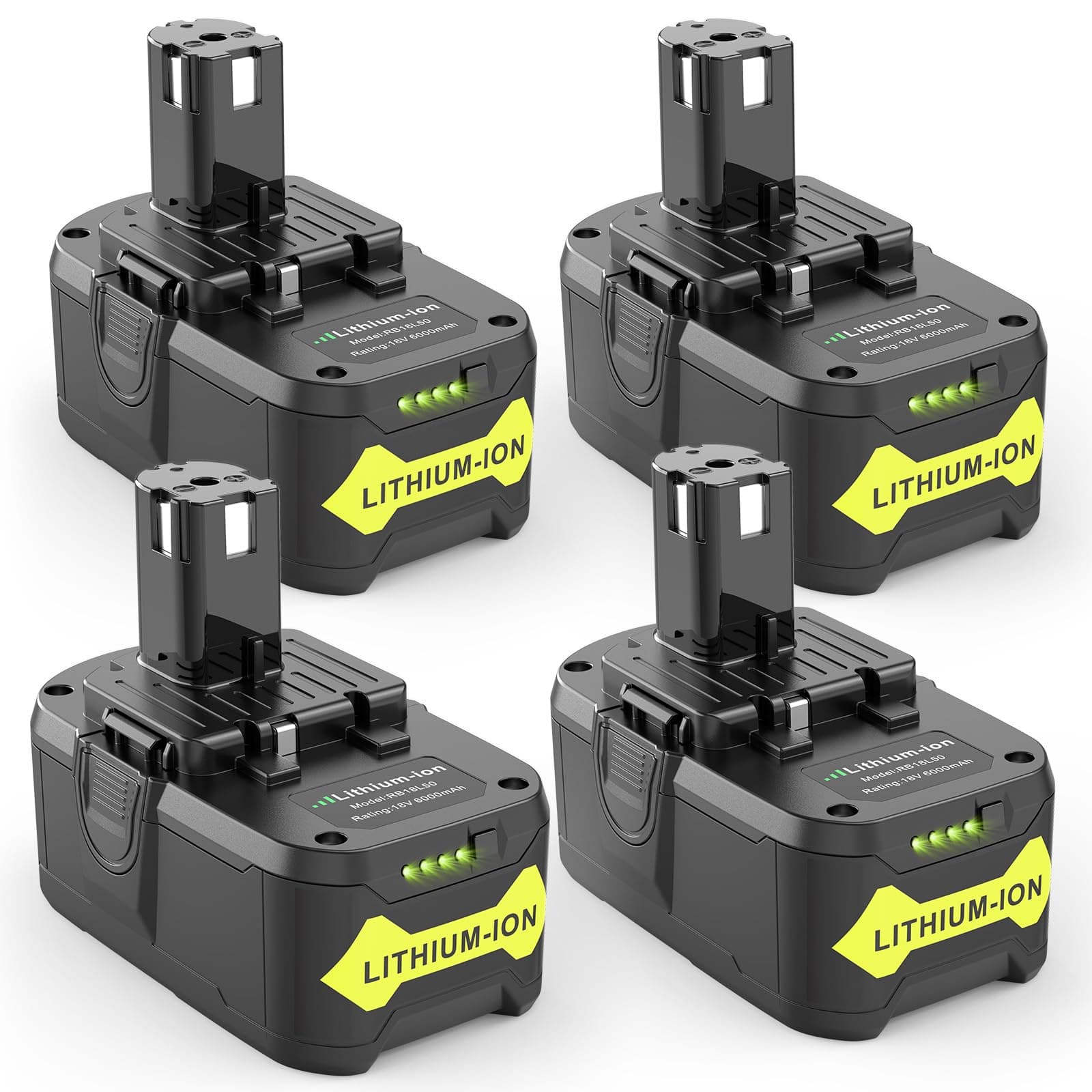 Stairlie 4 Pack 6.0Ah 18V Lithium Battery Replacement for RYOBI ONE+ RB18L50 P108 P102 P104 High Capacity Cordless Tool Batteries with LED Indicato