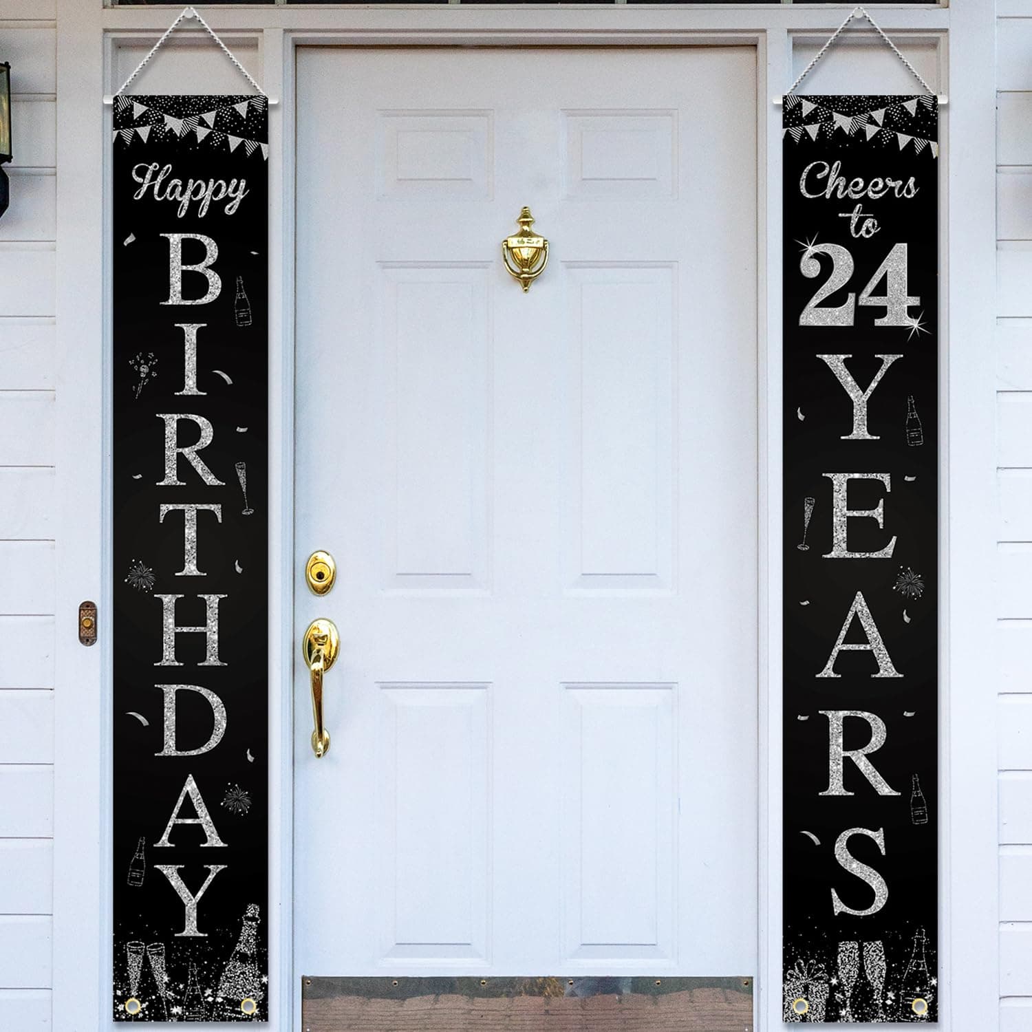 Happy 24th Birthday Door Banner Porch Sign Silver Black, Cheers to 24 Years Birthday Party Decorations Supplies for Men Women