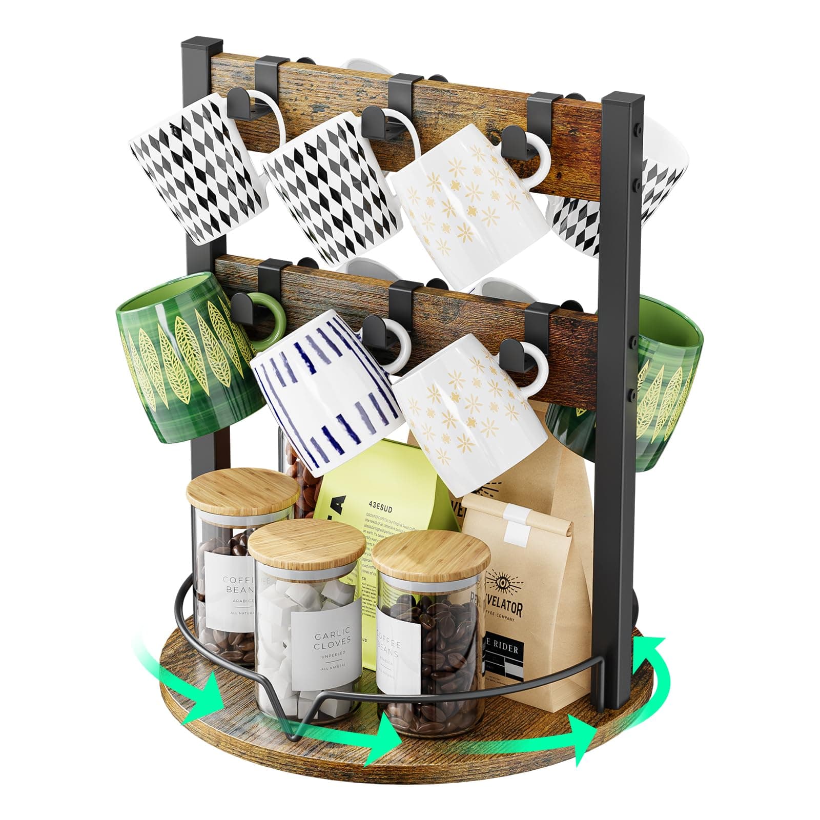KLM Rustic Coffee Station Organizer, Rotating Mug Holder with 12 Hooks and Storage Shelf, Wood and Metal