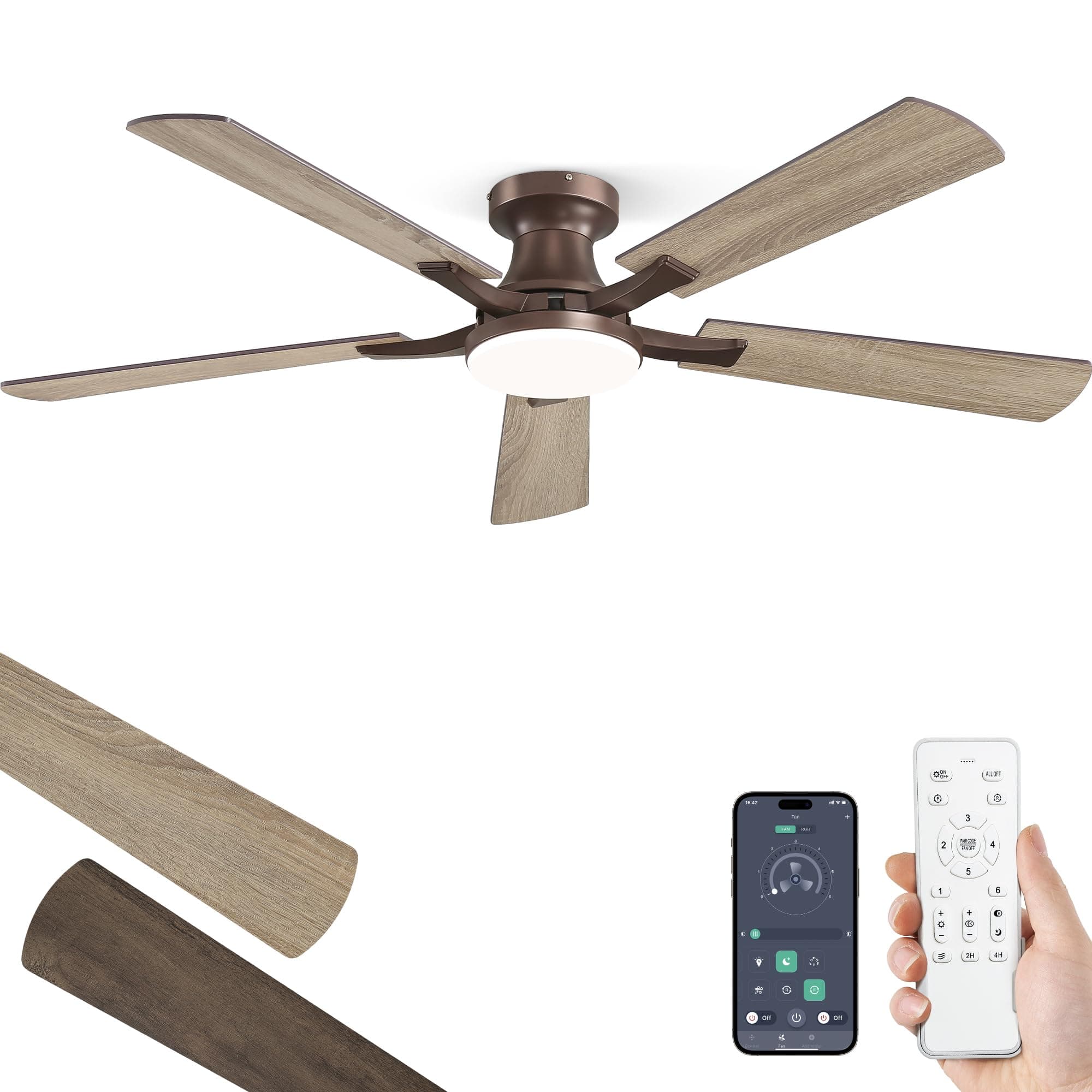 ZMISHIBO 52 Inch Ceiling Fans with Lights, Remote&App Control, Flush Mount