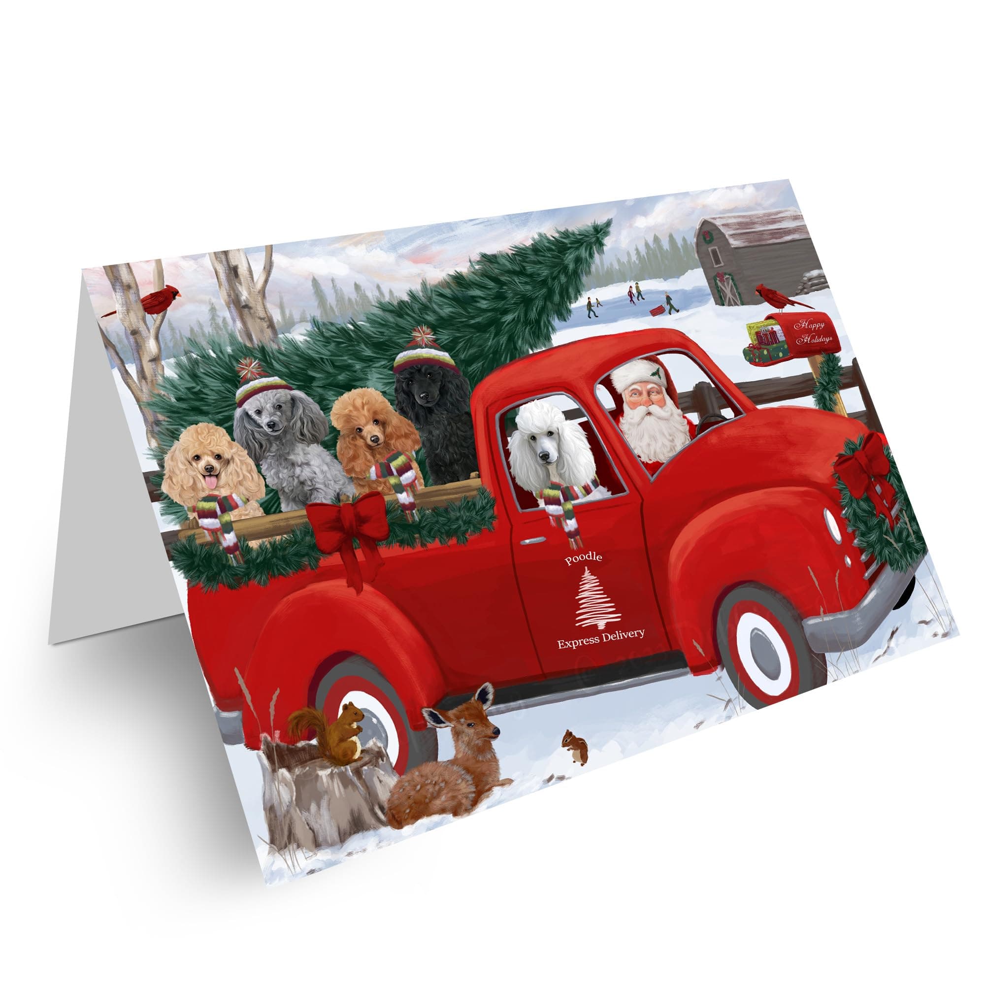 Doggie of the Day Christmas Express Red Truck Poodle Black Dog Note Cards - Adorable Pets Invitation Cards with Envelopes - Pet Artwork Christmas Note Cards (10 Note Card)