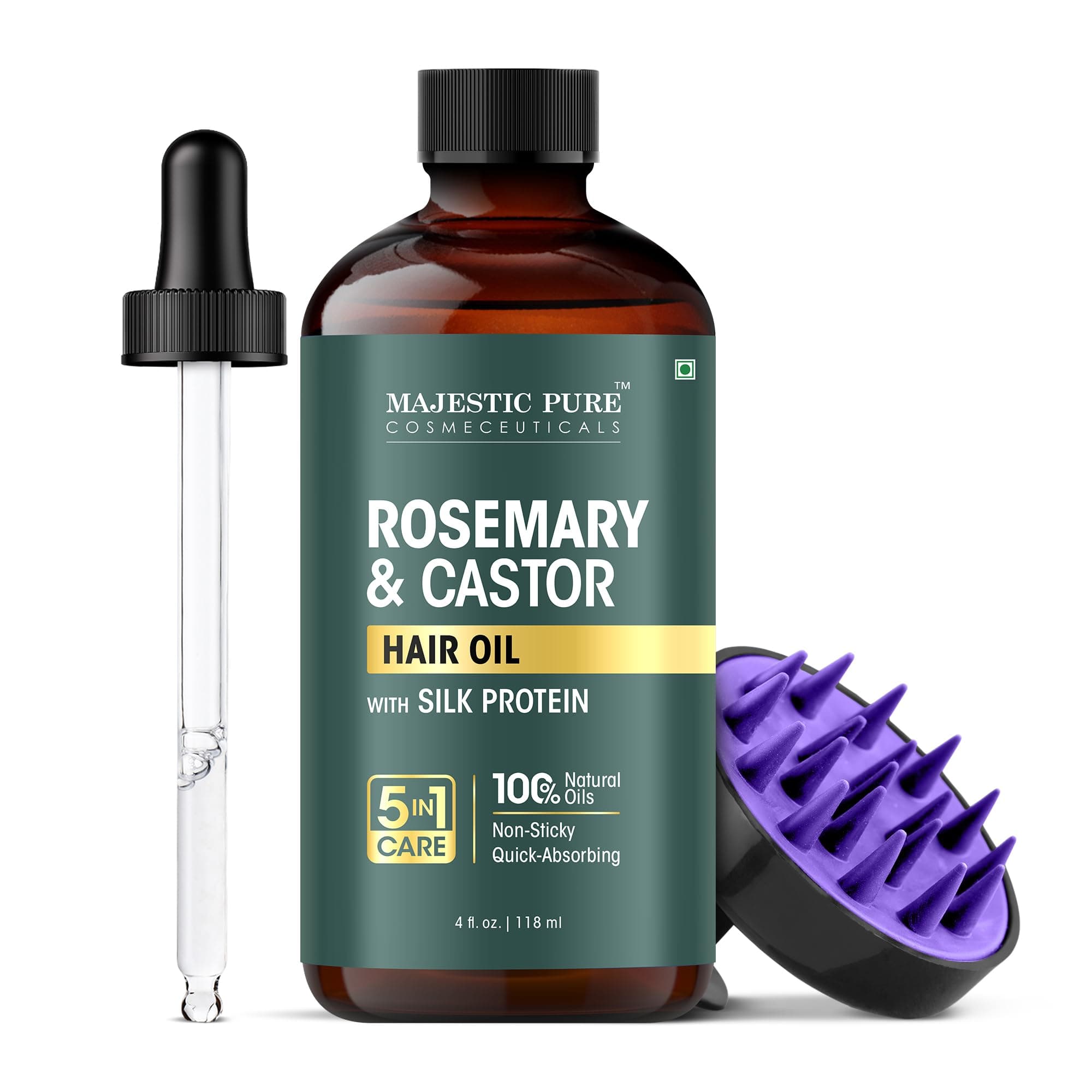 Majestic Pure 100% Pure Rosemary & Castor Oil with Biotin for Hair Care, Strengthening, Nourishing, and Volumizing Formula with Jojoba and Castor - Non GMO Verified, 118 ml
