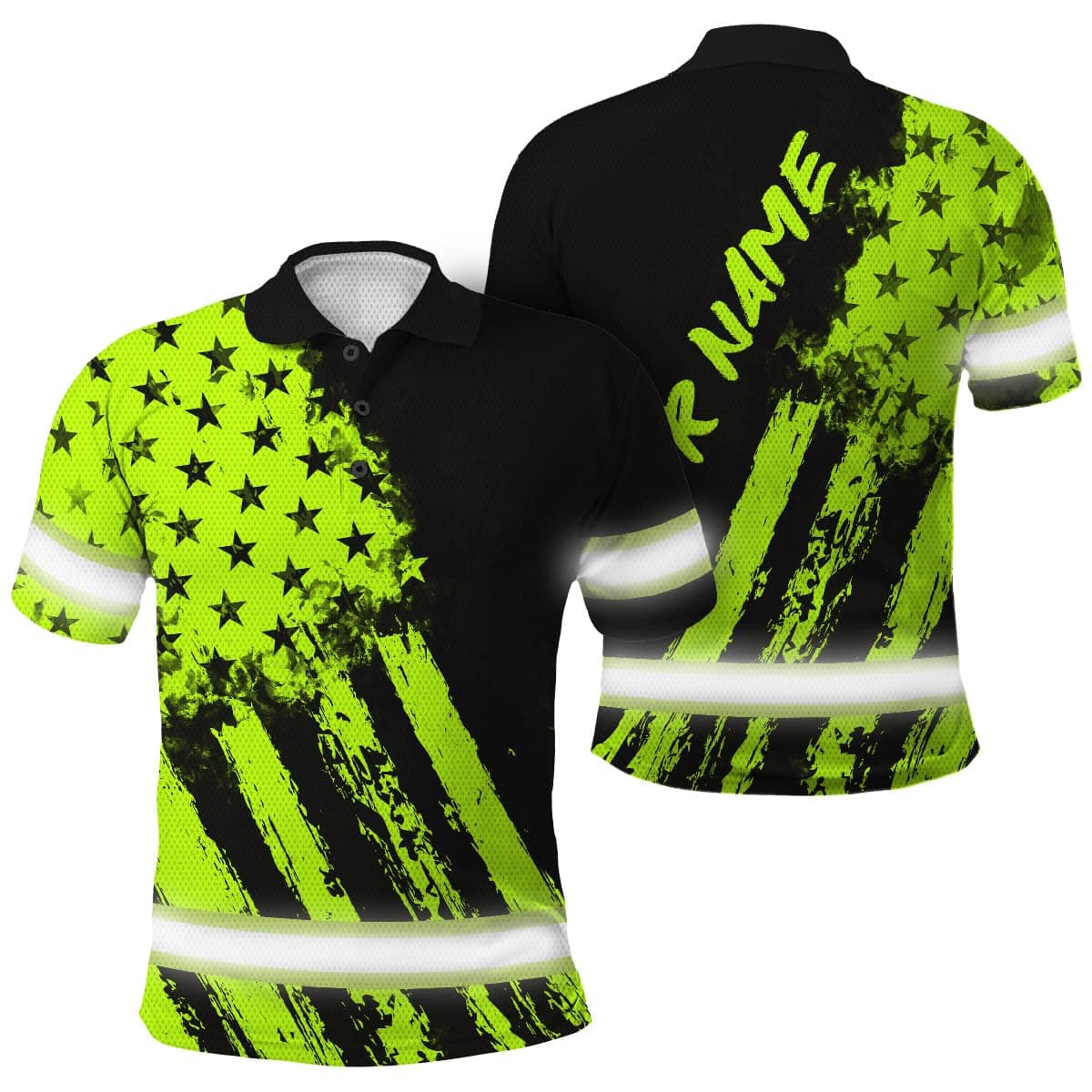 HiVis Custom Safety Polo Shirts Green Neon and Black US Flag Customize Name High Visibility Shirt for Men Reflective Shirt Construction for Runners, Walkers, Trucker, Operator, Patriotic-L