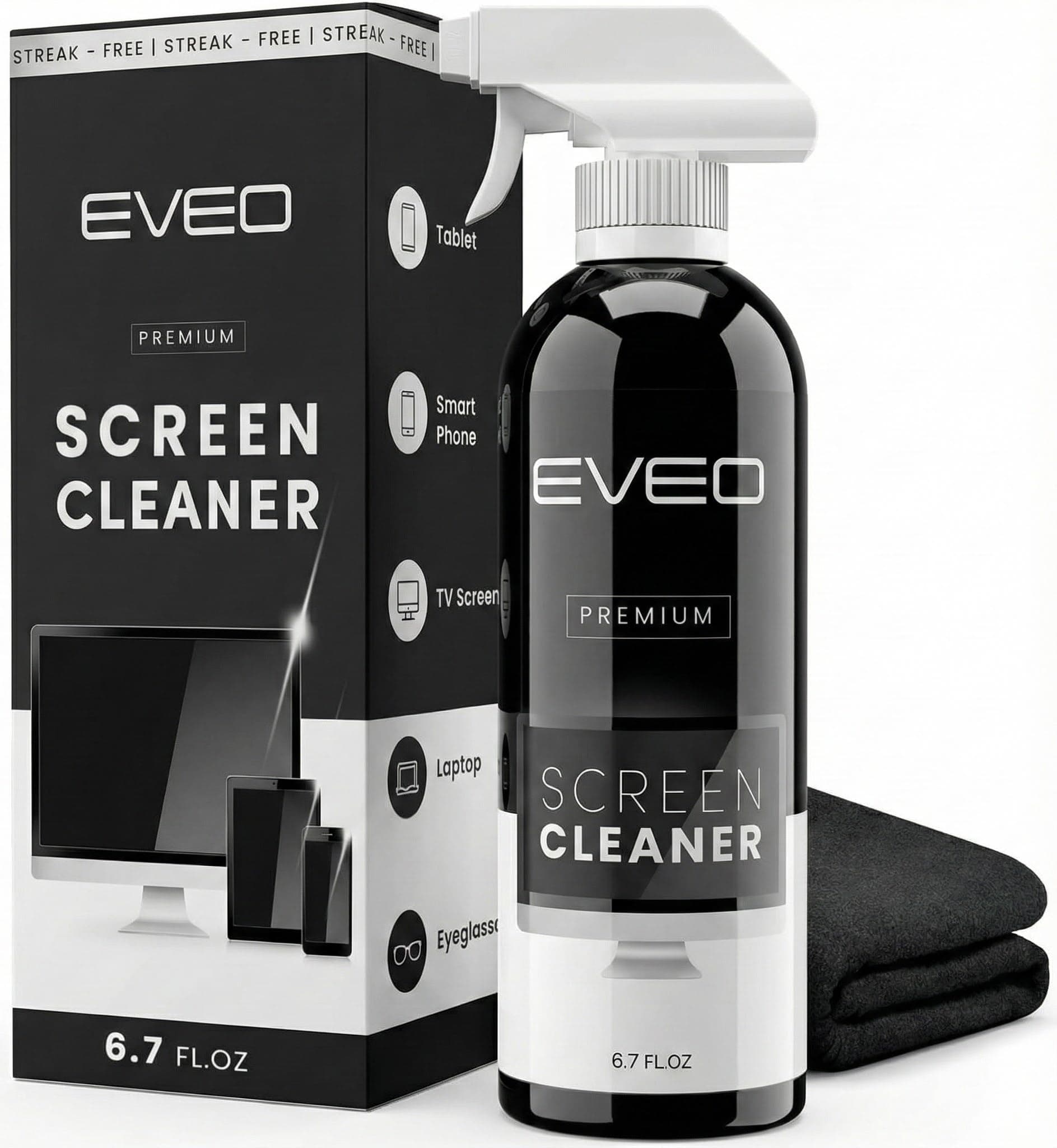 EVEO® Screen Cleaner Spray Kit (Streak-Free) TV Screen Cleaner for Smart TV, LCD, LED, OLED | Computer Spray and Wipe Microfiber Cloth for Monitor, Laptop, iPad, Car & More - 1 Pack