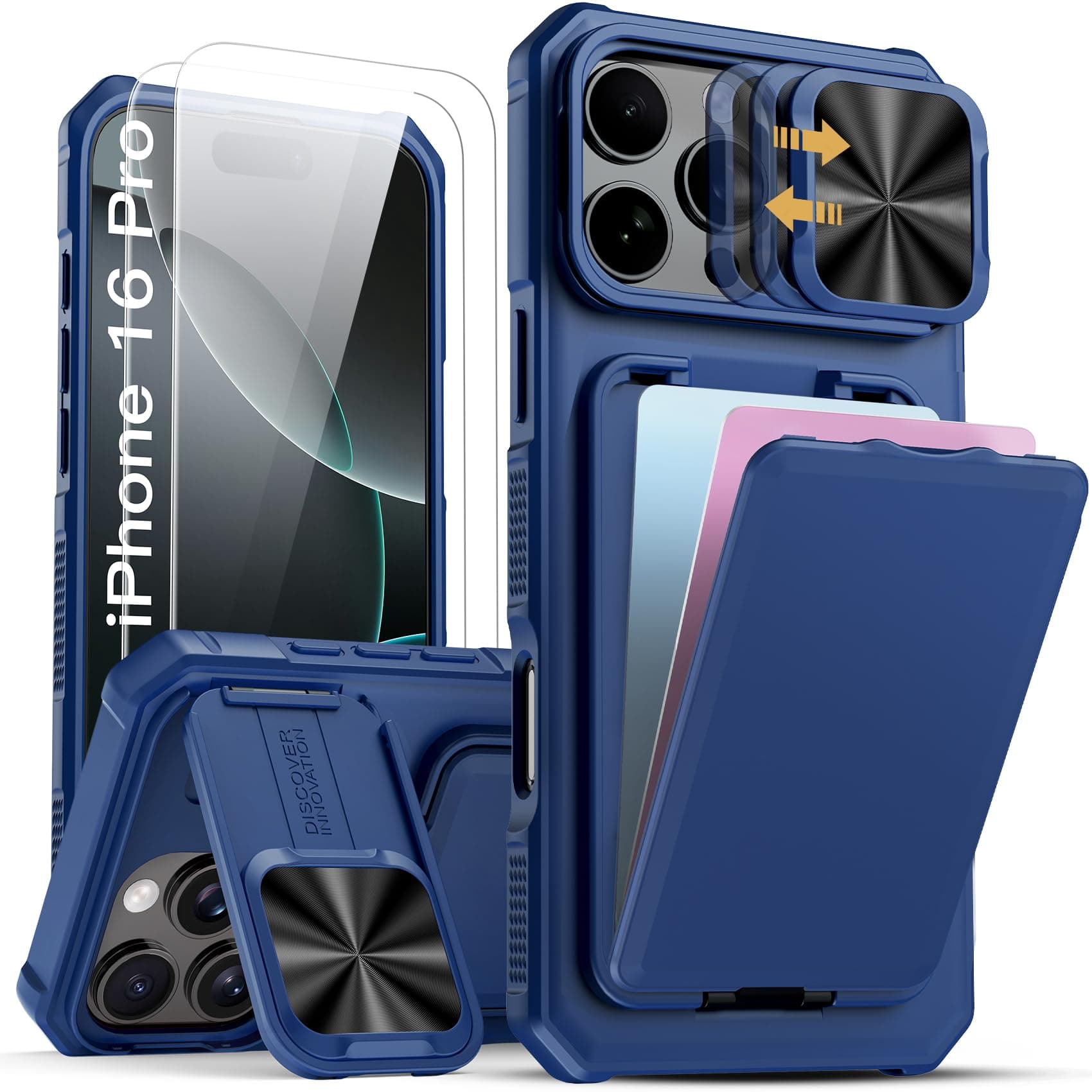 SSLOTSCASE for iPhone 16 Pro Case with 2X Screen Protector & Stand, Blue