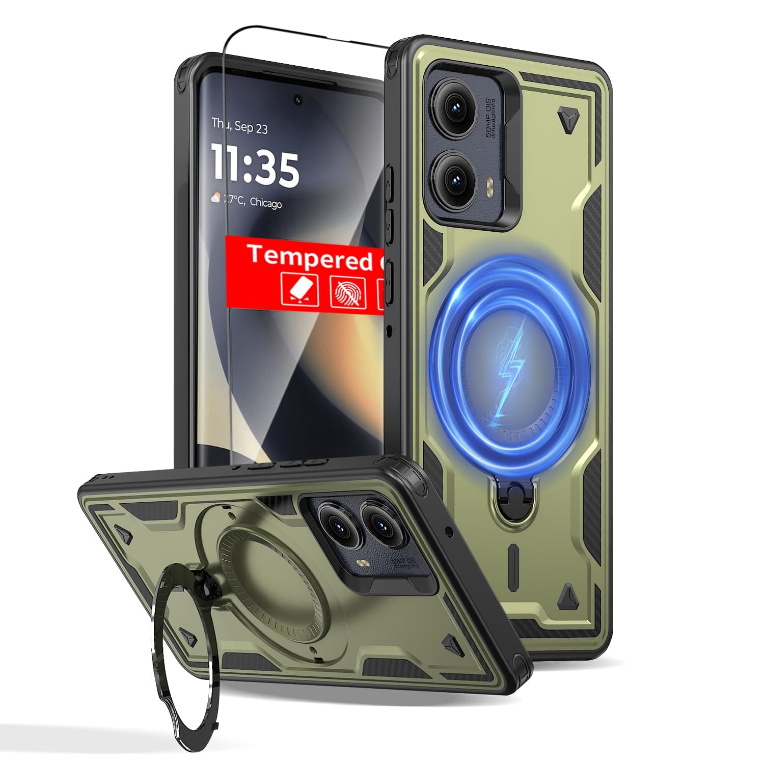 THBONRA for Motorola Edge 2024 Case Magnetic Compatible with MagSafe,with 1 Screen Protector,with Kickstand Phone Heavy Duty Protection Military Grade Rugged Shockproof Scratch Resistant Green