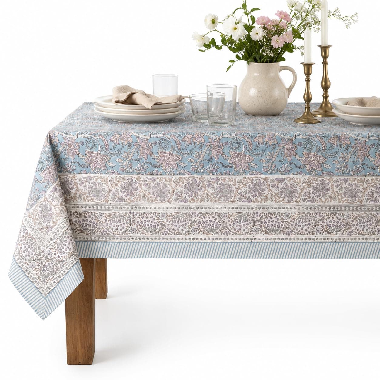 The jaipur folk Floral Rectangle Table Cloth | 100% Cotton Hand Block Printed Thanksgiving Table Cover| Dust Proof Wrinkle Resistant | for Dining, Festive, Parties, Weddings (SkyBlue, 72 * 140 inch)