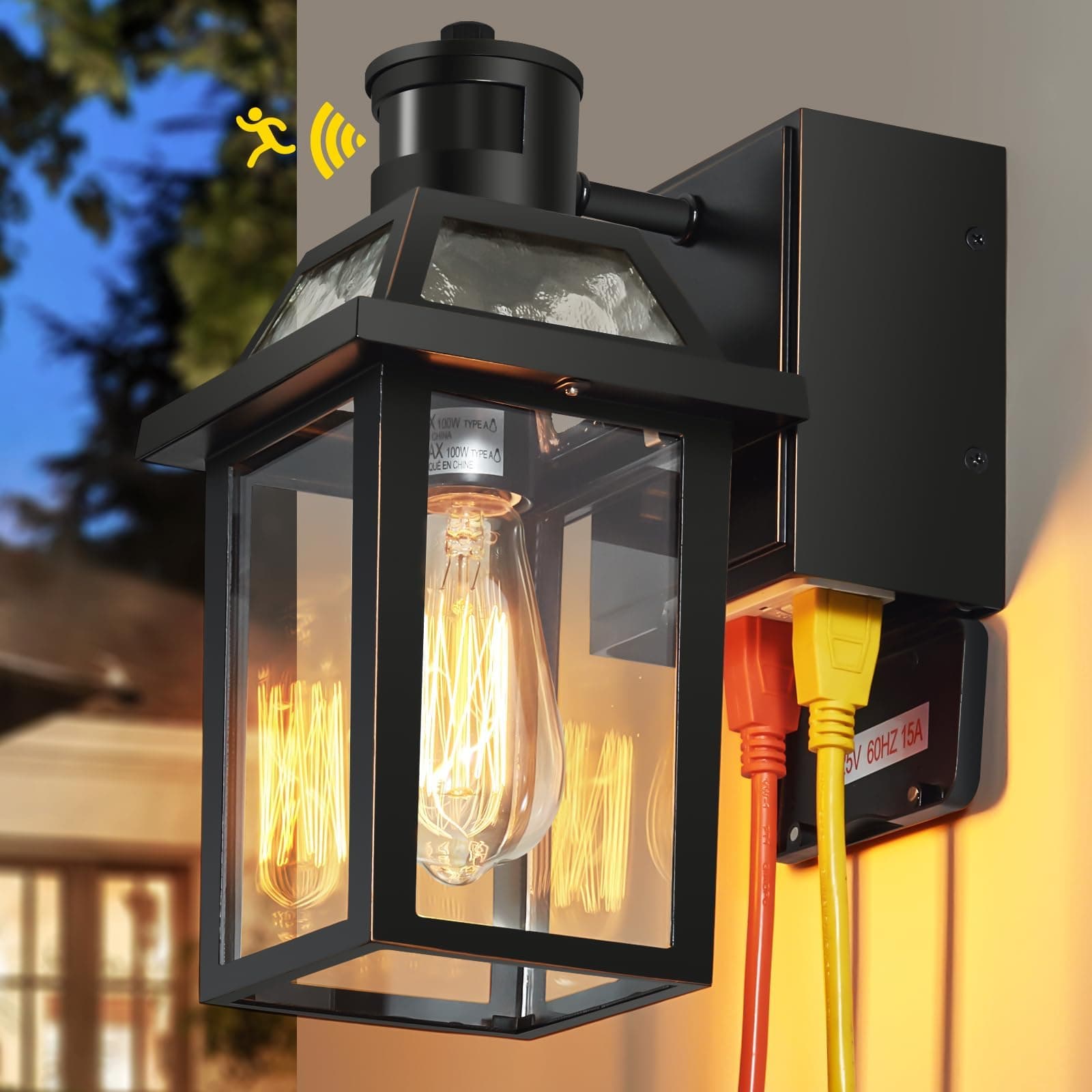 Porch Lights with GFCI Outlet, Dusk to Dawn Outdoor Lights with Outlet, 3 Lighting Modes Exterior Light Fixture Waterproof, Outside Lights for House Front Door Patio Garage (Black)