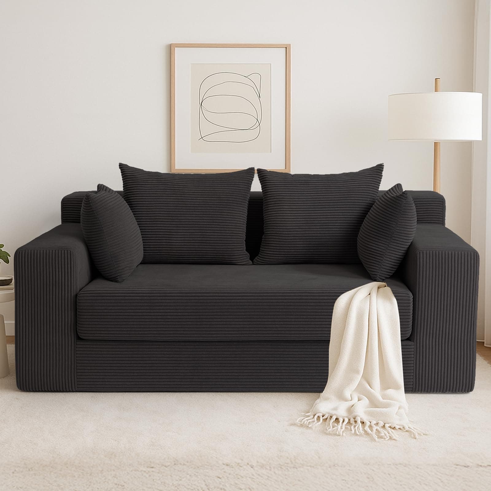 cidludto Convertible Sofa Bed, 3 in 1 Loveseat Folding Couch Bed Foldable - Boneless Couch & Floor Futon, Corduroy Pull Out Sofa Bed with 4 Pillows for Living Room, Grey